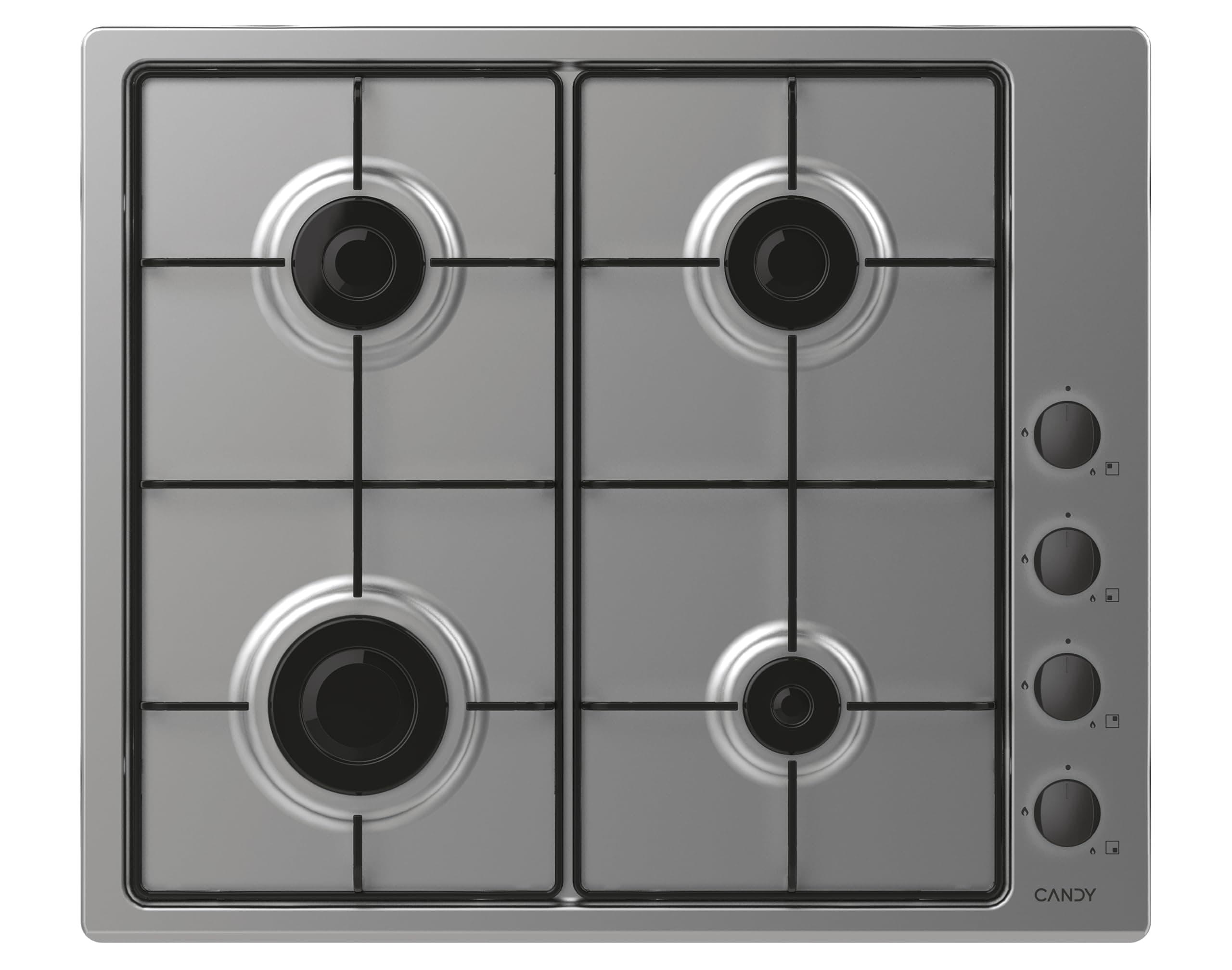 Candy Idea CHW6LBX/4U2, Placa de Gas, 4 Fuegos, 60CM, Gas Natural Adaptable a Gas Butano, 7,2KW de Potencia, Mandos Independientes Laterales, 2 Rejillas, Sistema de Seguridad en Llama, Inox