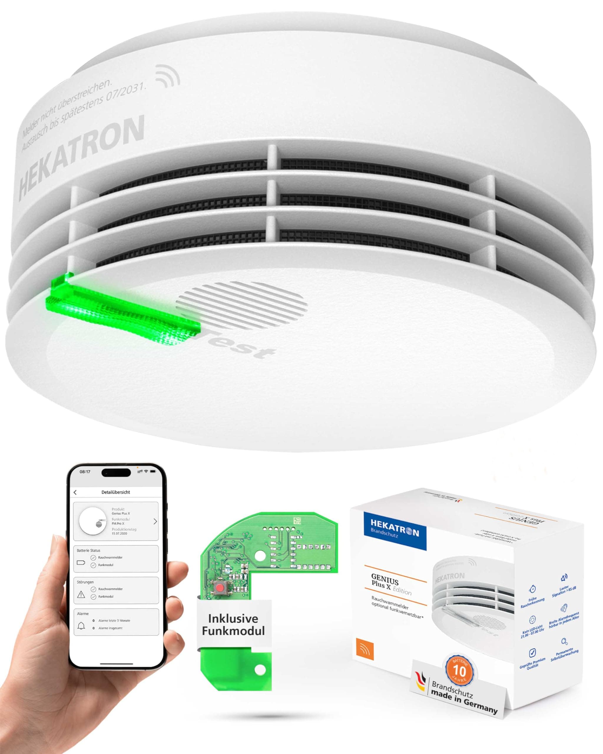 Hekatron Genius Plus X – Rauchmelder vernetzt 10 Jahre Batterie – mit Funkmodul Basis X – Testsieger Stiftung Warentest – Made in Germany – Funkrauchmelder Set – mehrsprachig – 1 Stück