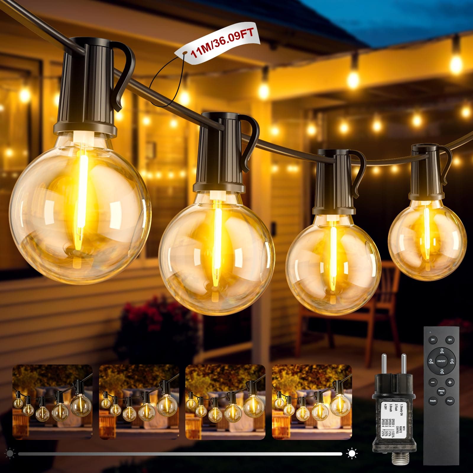 Catena Luci da Esterno Giardino 11M/36Ft G40 LED Lampadine Dimmerabile 3 Modalità Luce Catena Luminosa IP44 Luci Esterno e Interno per Giardino, Terrazzo, Matrimonio, Outdoor Decorative Feste