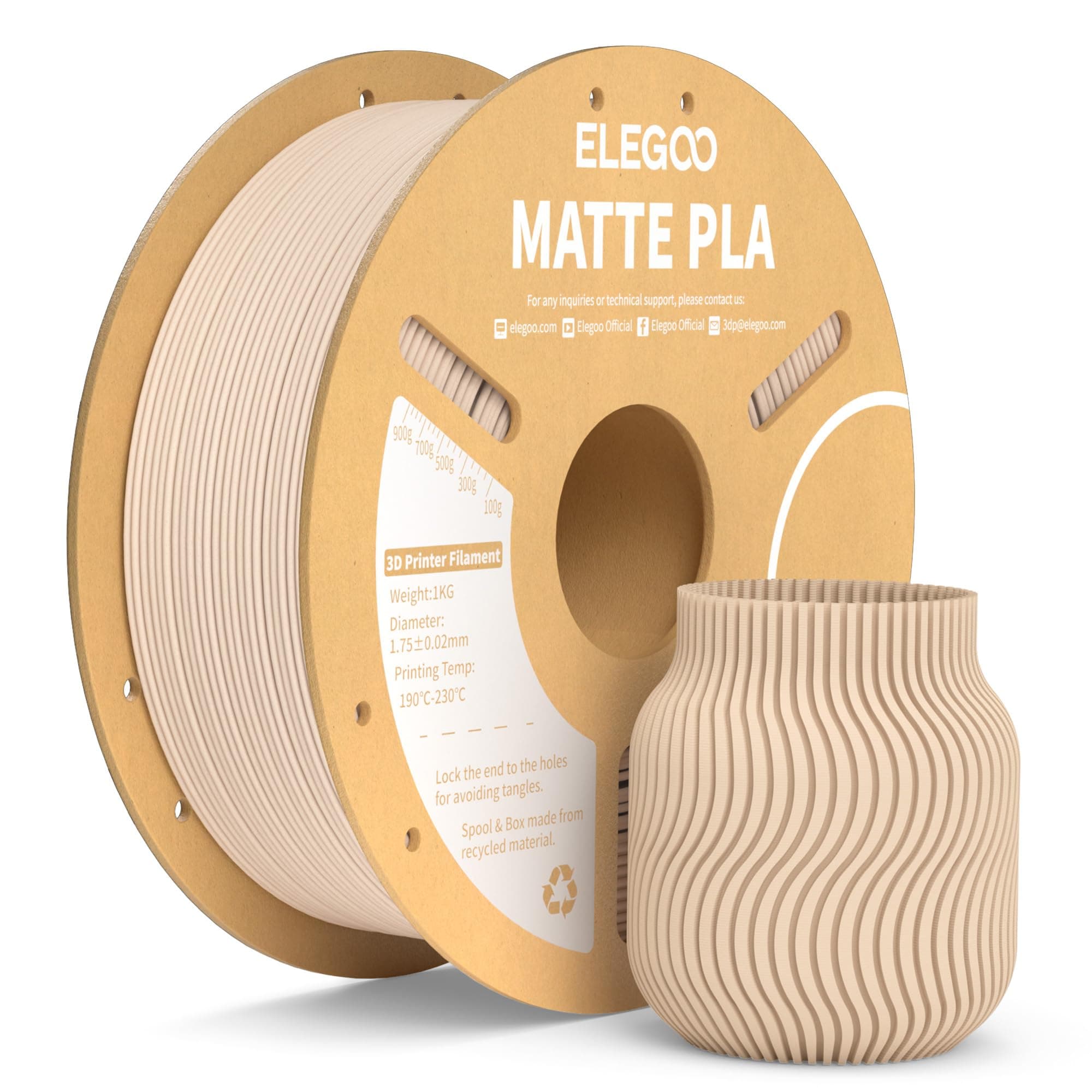 ELEGOO Filamento PLA MATE 1.75 1KG Beige, Filamento para Impresora 3D, Precisión Dimensional +/- 0.02mm, Carrete Filamento 3D,para Mayoría Impresoras 3D