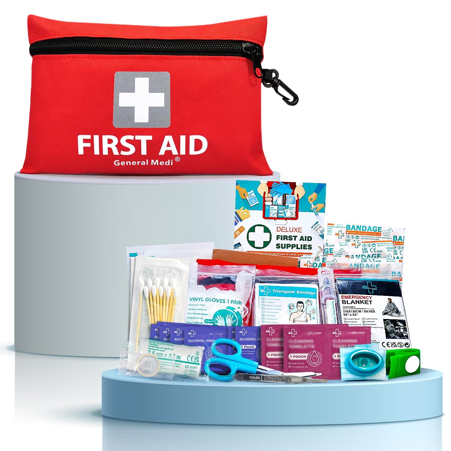 General Medi Trousse de Premiers Secours Composée de 92 Articles pour la Maison, Le Véhicule, Les Voyages, Le Bureau, Le Lieu de Travail, la Randonnée, la Survie et l'Extérieur (Rouge)