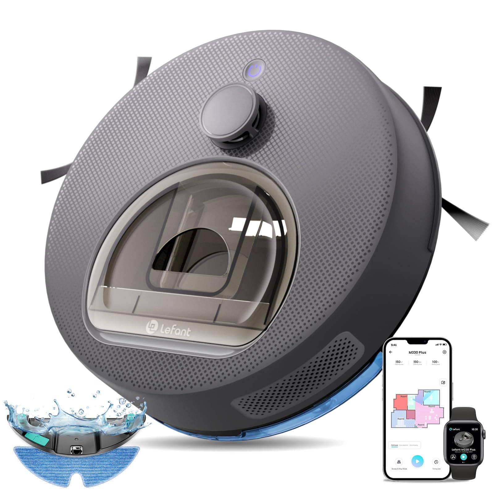 Lefant M330 Plus Aspirateur Robot Laveur 3en1, 5000Pa, 160Min, Système Freemove 2.0, Anti-emmêlement, Navigation LiDAR Précise, Zone Interdite Intelligente, 3 Niveaux d'Aspiration, APP/Alexa, Gris