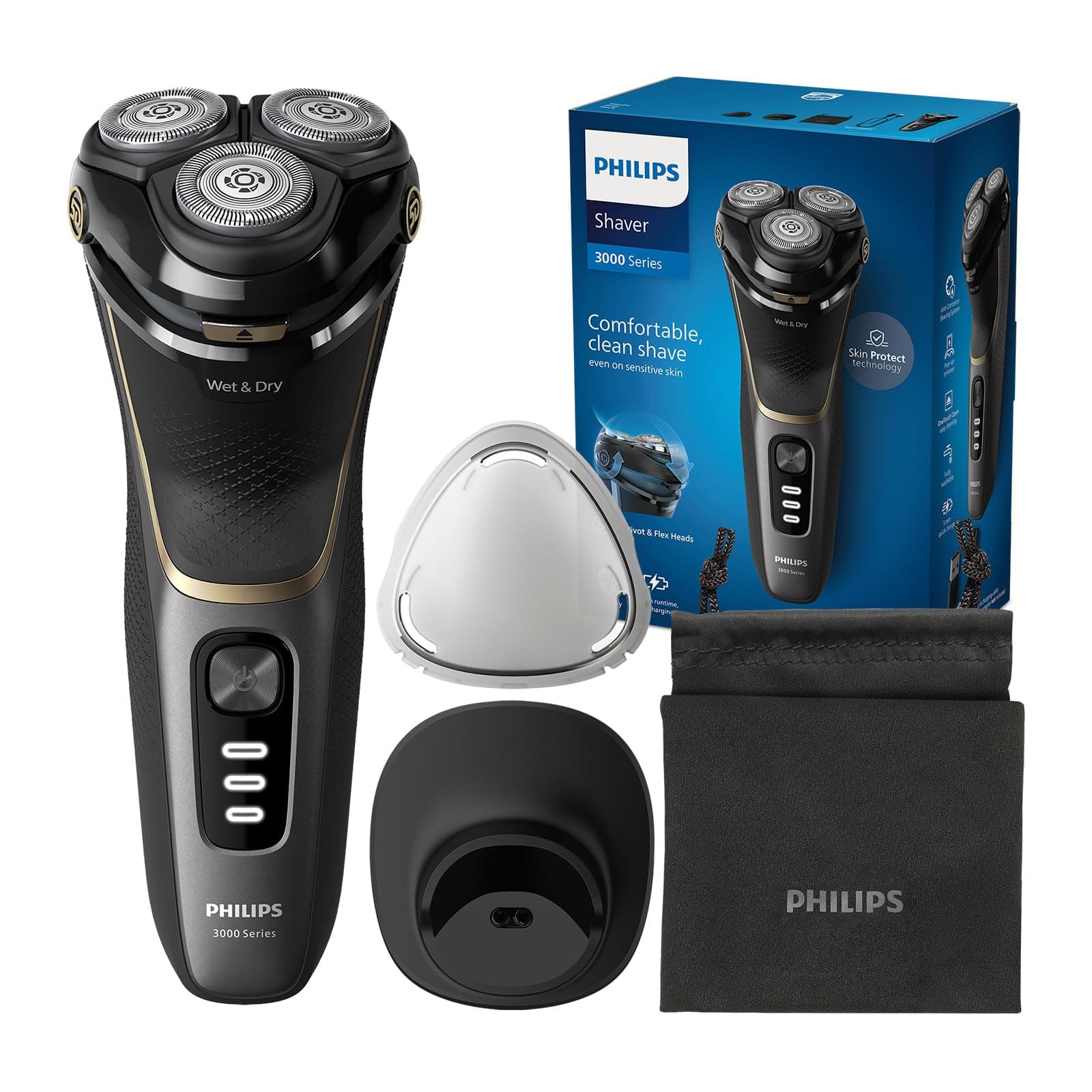 PHILIPS Shaver Series 3000 – Elektrischer Rasierer für Herren, Nass- und Trockenrasur, Schwarz, mit SkinProtect-Technologie, ausklappbarem Bartschneider, Ladestation und Reisetasche (Modell S3342/13)