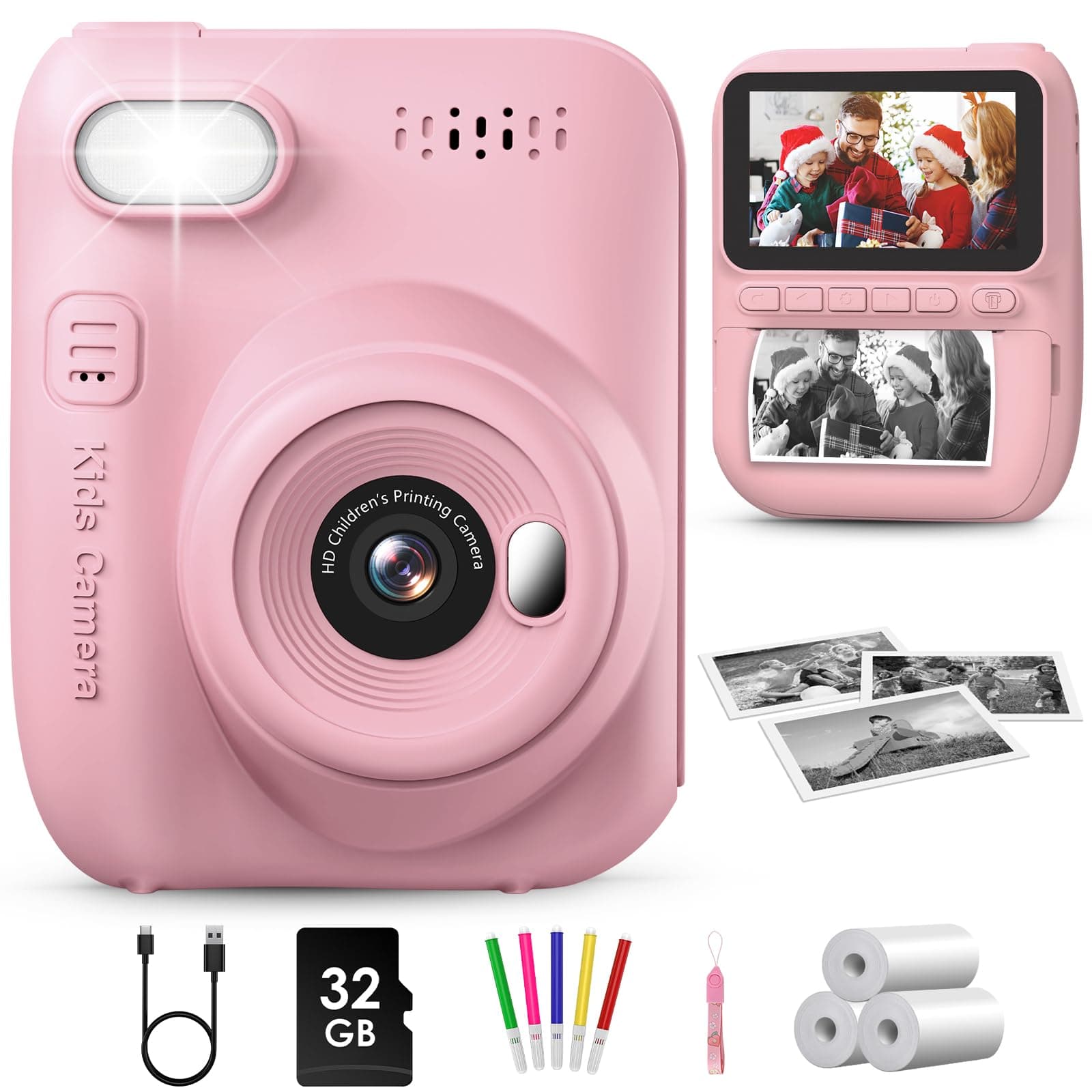 GREENKINDER Camara Fotos Infantil Instantanea,3,0 Pulgadas 14 MP Camara Fotos Infantil con Tarjeta de 32 GB y Papel de Impresión,HD 1080P Cámara Instantánea,Regalo de Cumpleaños para Niños 3 a 12 Años