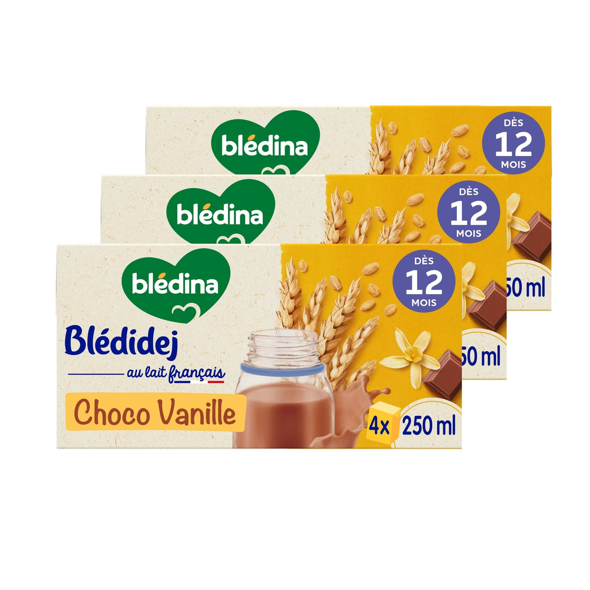 Blédina Blédidej - Céréales bébé Lactées Chocolat Vanille - Dès 12 Mois - 12 briques de 250mL