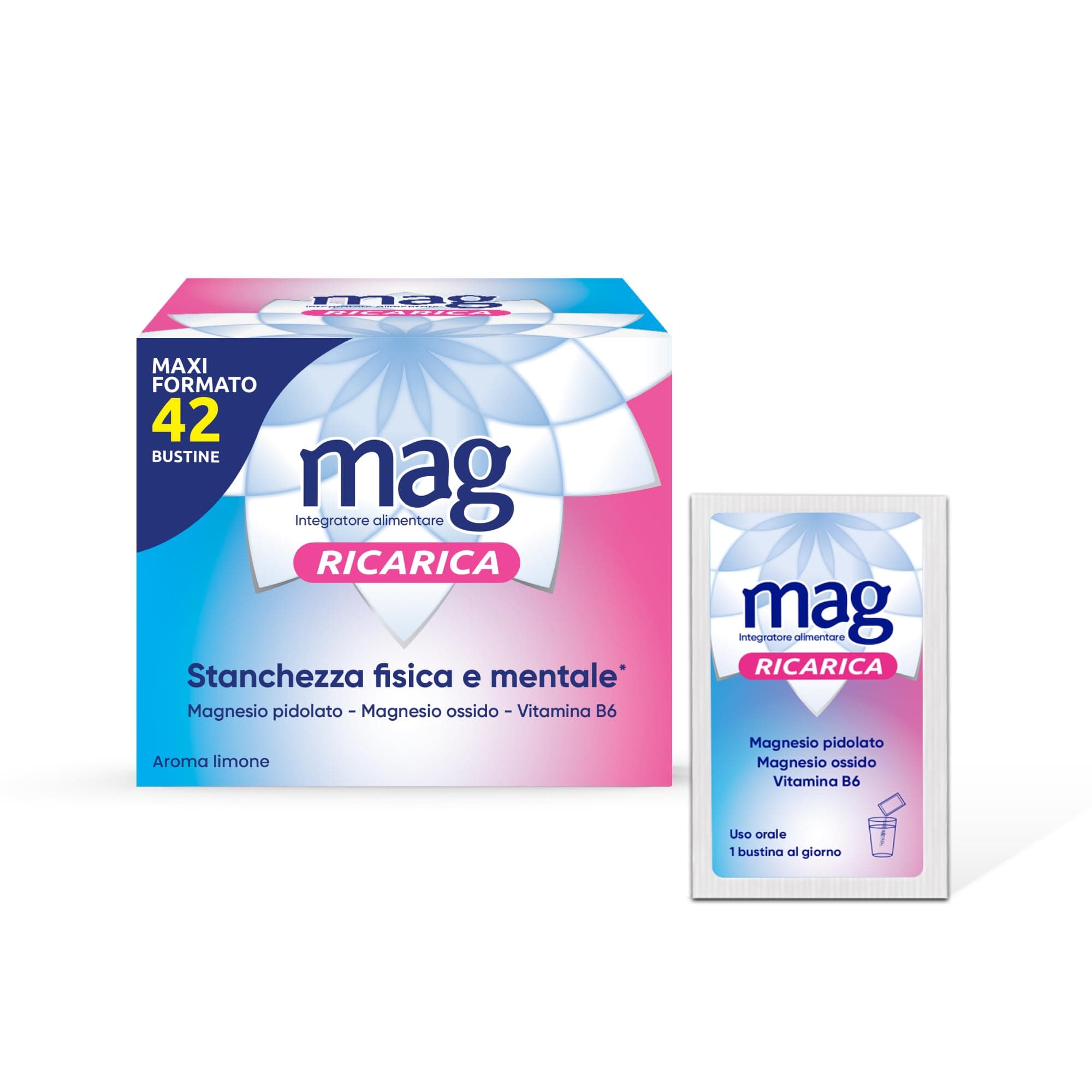 Mag Ricarica - Integratori per Adulti con Magnesio Pidolato, Magnesio Ossido, Vitamina B6 per Stanchezza Fisica e Mentale - Senza Glutine, Senza Lattosio (MaxiFormato 42 Bustine Aroma Limone)