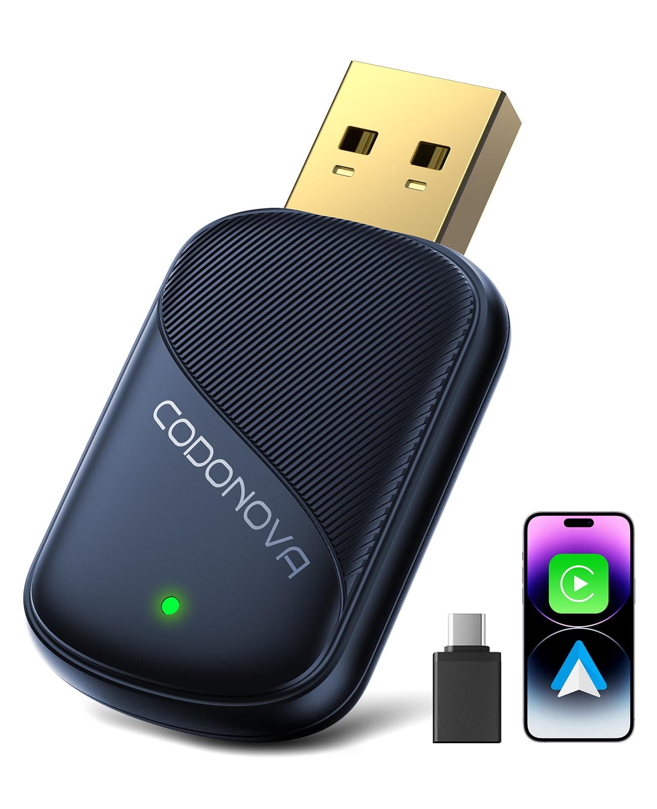 Mini Adattatore CarPlay Wireless per Apple CarPlay e Android Auto | Convertitore CarPlay Cablato, USB A/C in Metallo, per iPhone iOS 10+ e Android 10+, per Viaggi Lunghi e Uso Quotidiano, Blu