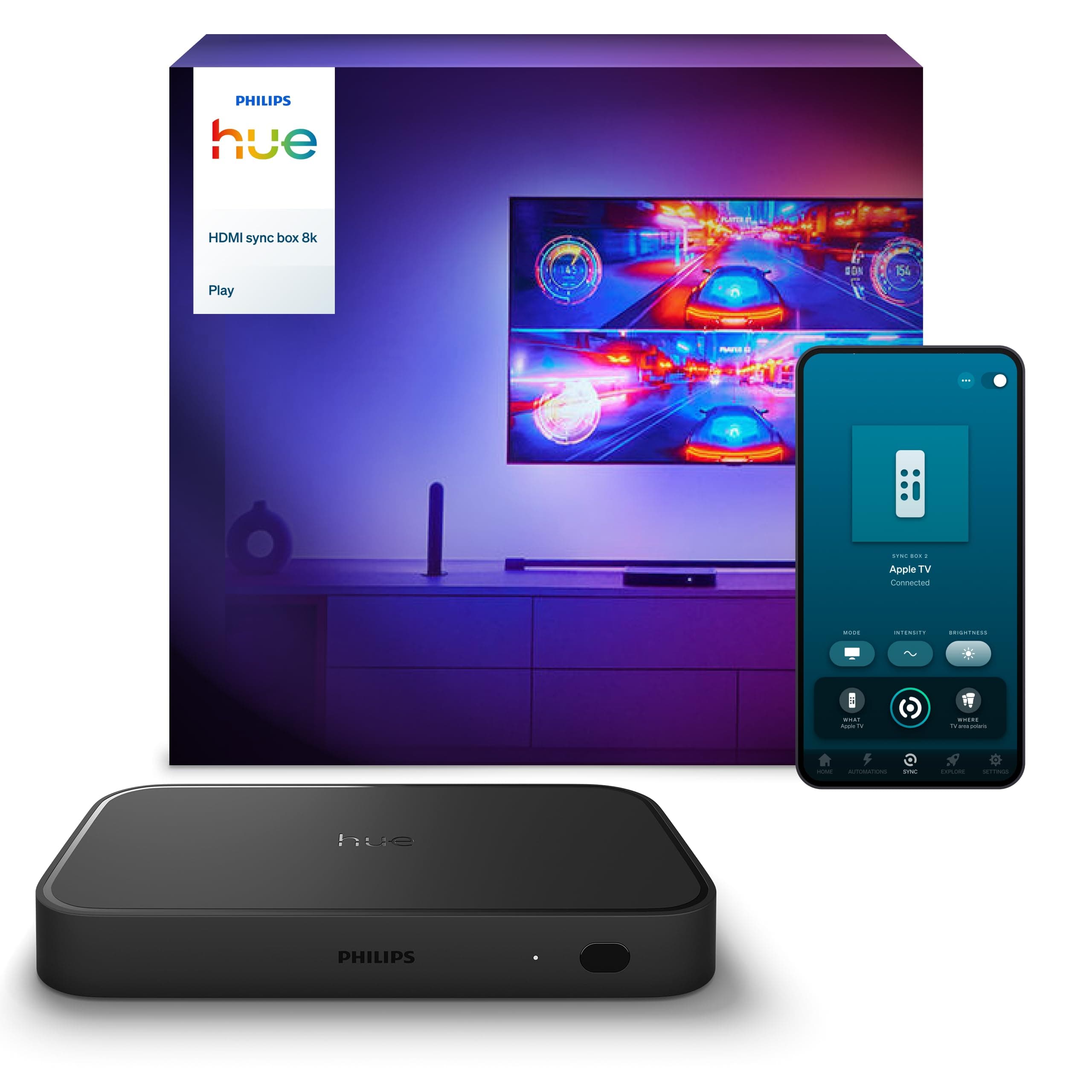 Philips Hue Play HDMI Sync Box 8K - Boitier connecté pour synchroniser jusqu'à 10 lumières avec Vos Jeux vidéo, Films et Musique - Nécessite Philips Hue Bridge - Compatible Dolby Vision HDR10+