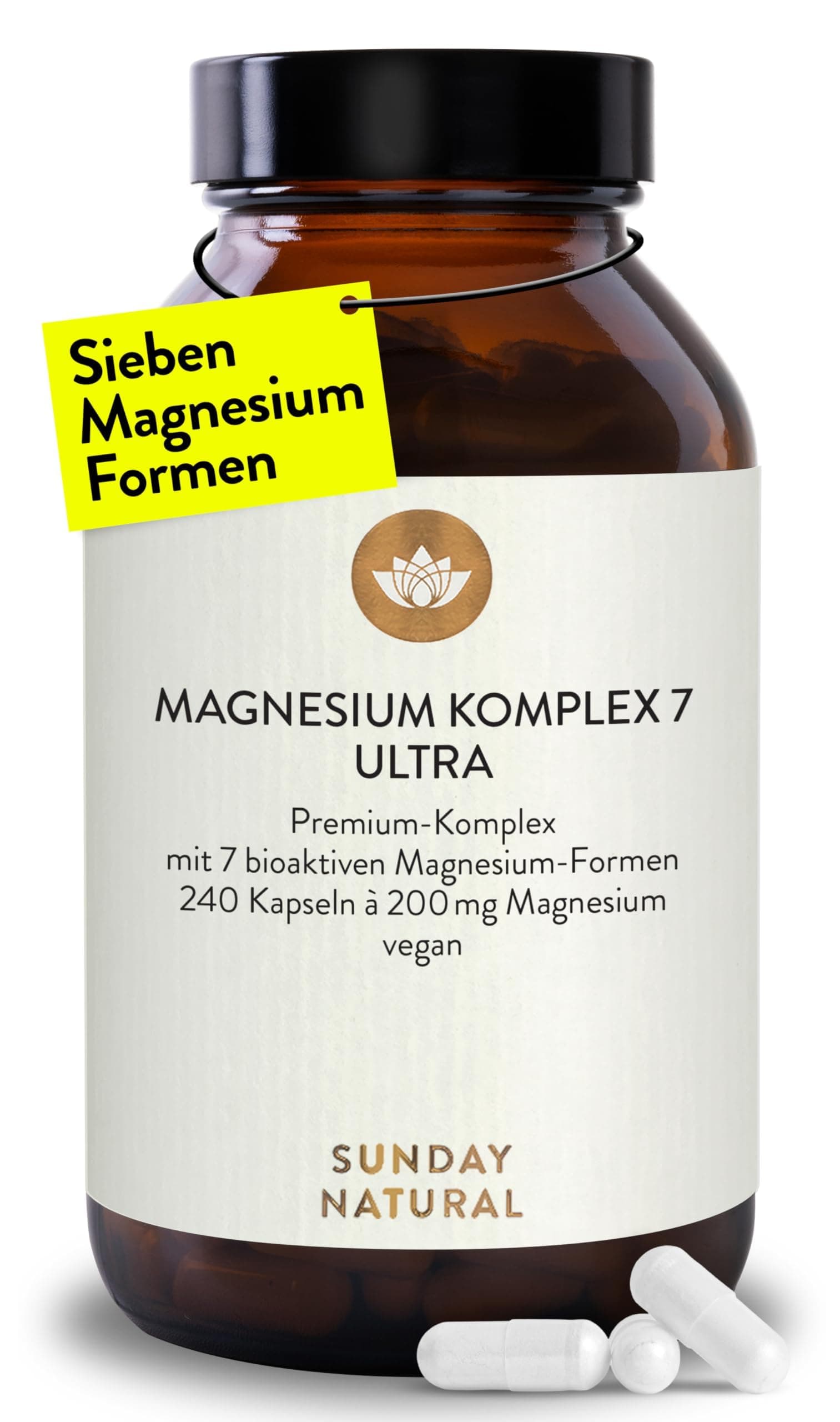 SUNDAY NATURAL® Magnesium Komplex – 240 Kapseln - 400mg pro Tag - aus 7 Verbindungen: Magnesium Bisglycinat, Citrat, Malat, Laktat, Ascorbat, Oxid, Lysinat - Vegan, laborgeprüft