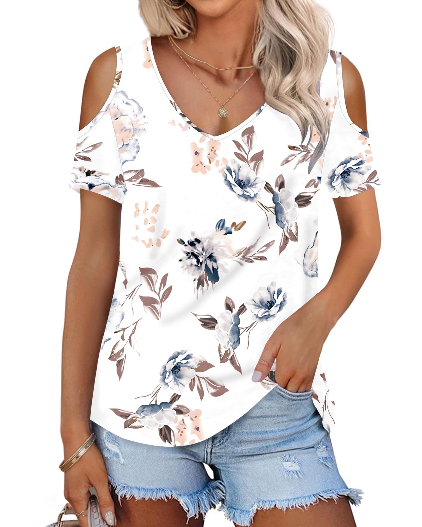 WNEEDU Magliette Donna Estive Manica Corta T Shirt con Scollo a V Senza Spalline Top Maglia Elegante