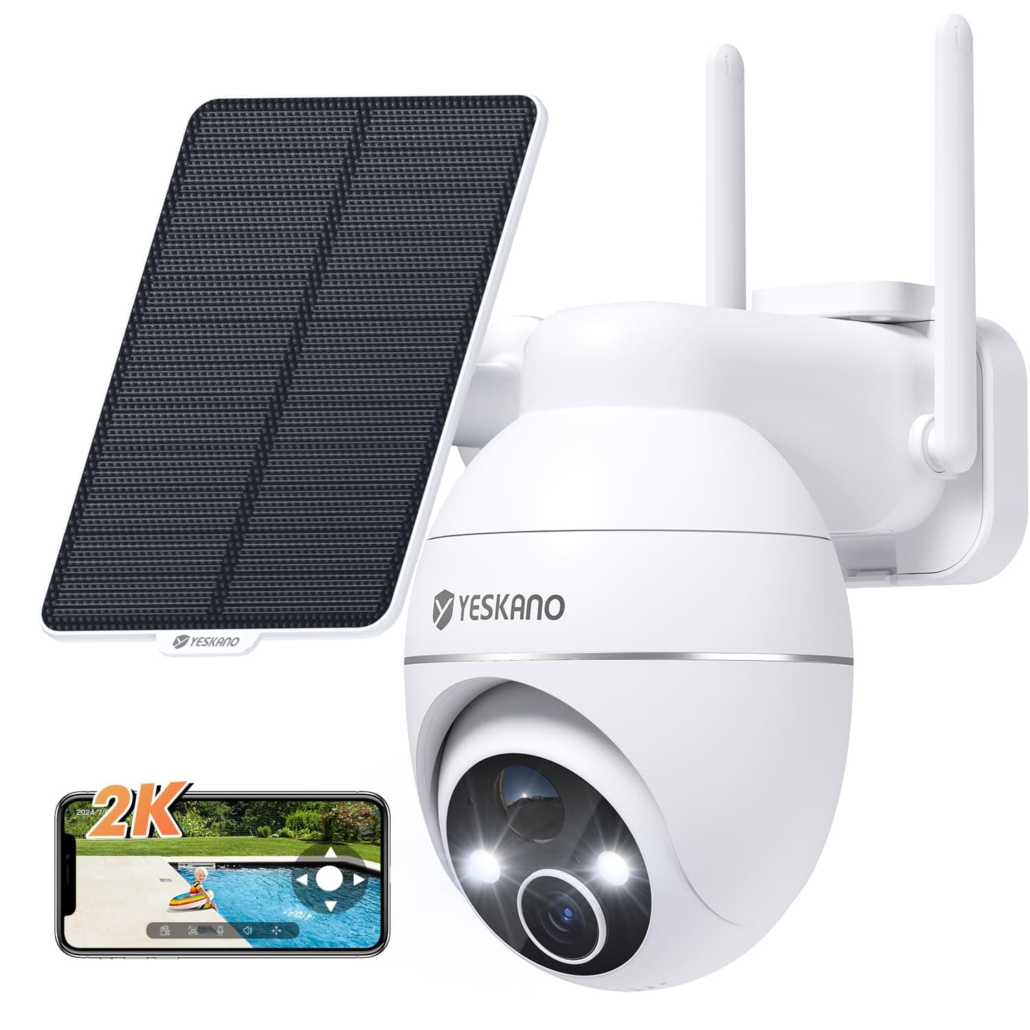 YESKANO 2K Camera Surveillance WiFi Exterieure Sans Fil Solaire, Caméra Extérieure Solaire 360° PTZ, avec Panneau Déporté 2M, Vision Nocturne Couleur, Détection PIR, Audio 2 Voies, 2,4 GHz, IP66 Blanc