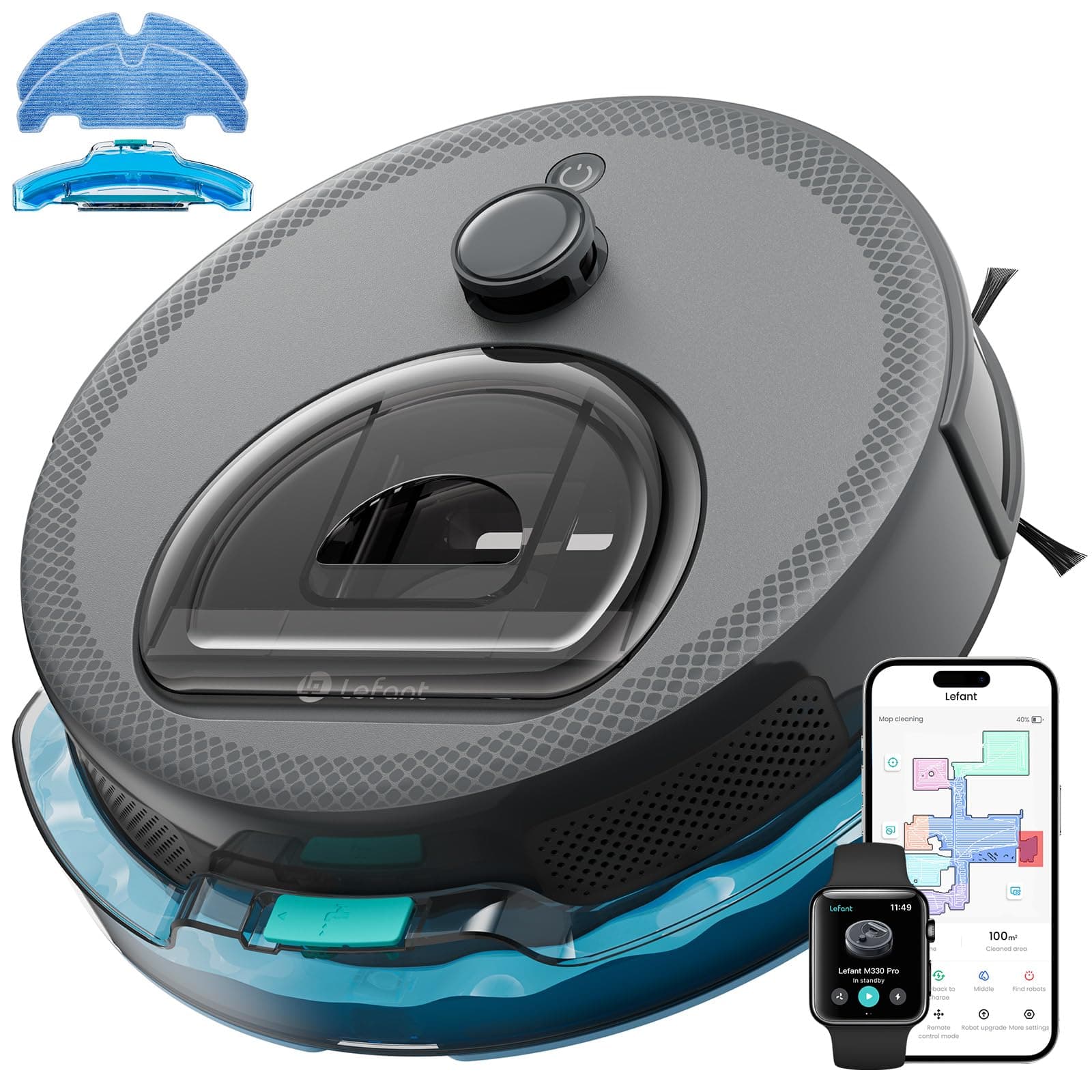 Lefant M330Pro Robot Aspirapolvere e Lavapavimenti con Mappatura, Laser dToF, 5000Pa, Evitamento Ostacoli PSD, Rilevamento Tappeti, Zone Vietate, WiFi/App/Alexa, Ideale per Peli di Animali e Tappeti