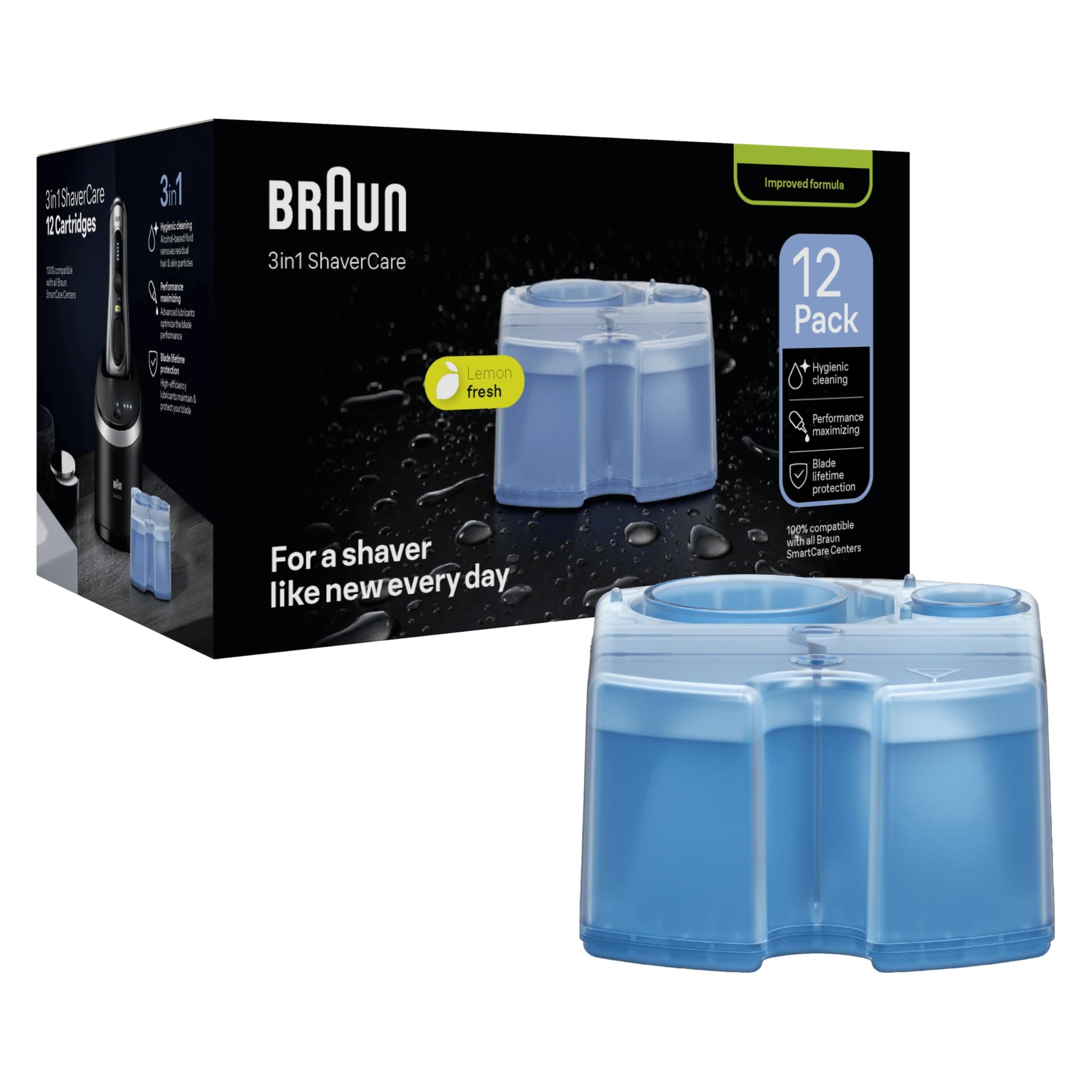 Braun Shavercare 3in1 Ccr 12 Cartucce di Ricarica Originali per Stazione Smartcare, Pulisce Rasoio Elettrico Barba, Igienizza Regolabarba Uomo, Profumo Fresco di Limone, Pacco da 12