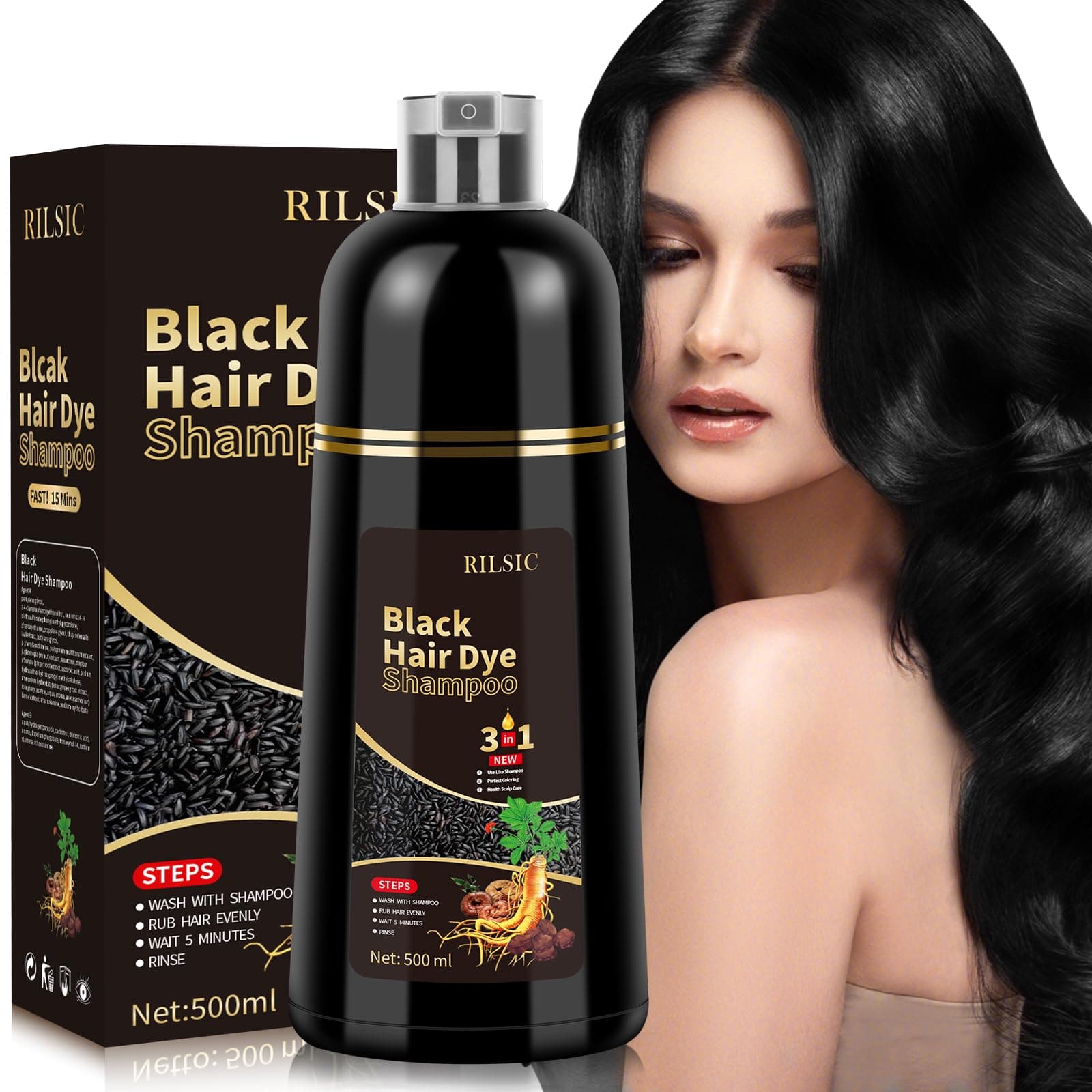 Black Hair Dye Shampoo 3 in 1, colore nero, per capelli grigi, shampoo istantaneo, colore nero, per capelli (500 ml) (nero)