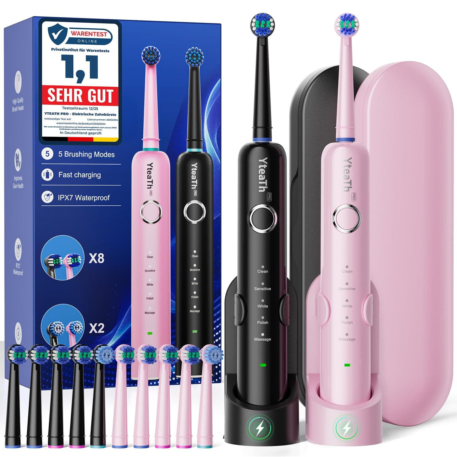 Cepillo de Dientes Eléctrico de Rotación Adultos - Cepillo Electrico Paquete de 2, con 10 Cabezales y Estuche de Viaje, 5 Modos, IPX7 Impermeable, Cepillo Dientes Electrico de Viaje, Negro y Rosa