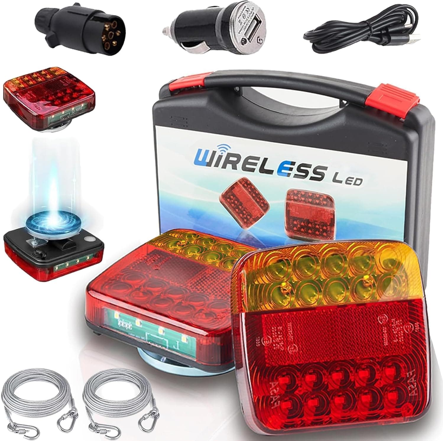 TXGSDXS Feux Arrière Magnétiques Sans Fil, LED Universels 12V, 5 Fonctions, Rechargeables, Étanches IP65, Homologués E11, Fixation Magnétique pour Voiture, Camion, Remorque, Caravane et Tracteur