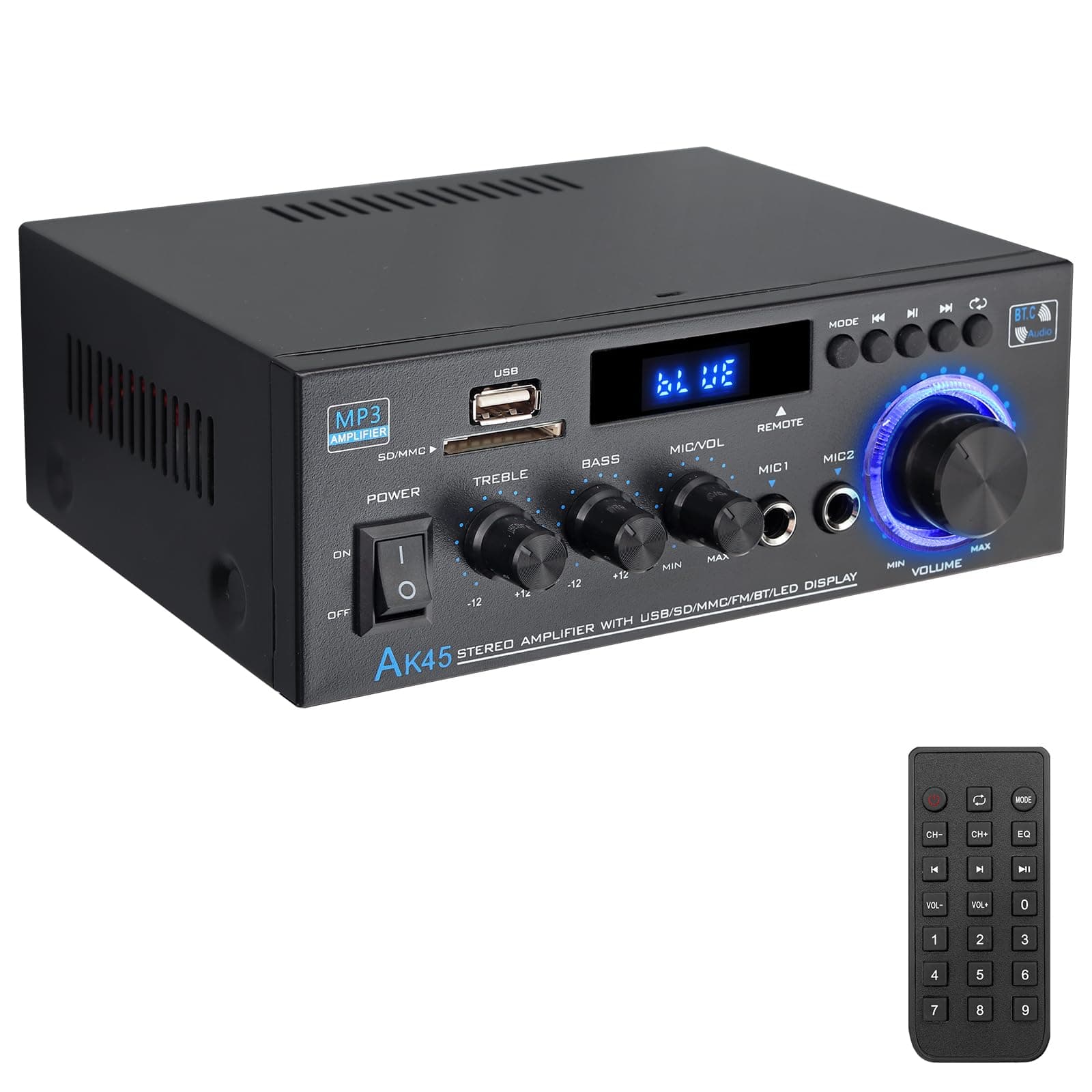 PROZOR Amplificador de Audio Bluetooth 5.0 Amplificador HiFi Estéreo 40W+40W con Pantalla LCD Amplificador Sonido Digital Función Radio FM Tarjeta TF SD Dos Microfonos para Cine en Casa, Coche