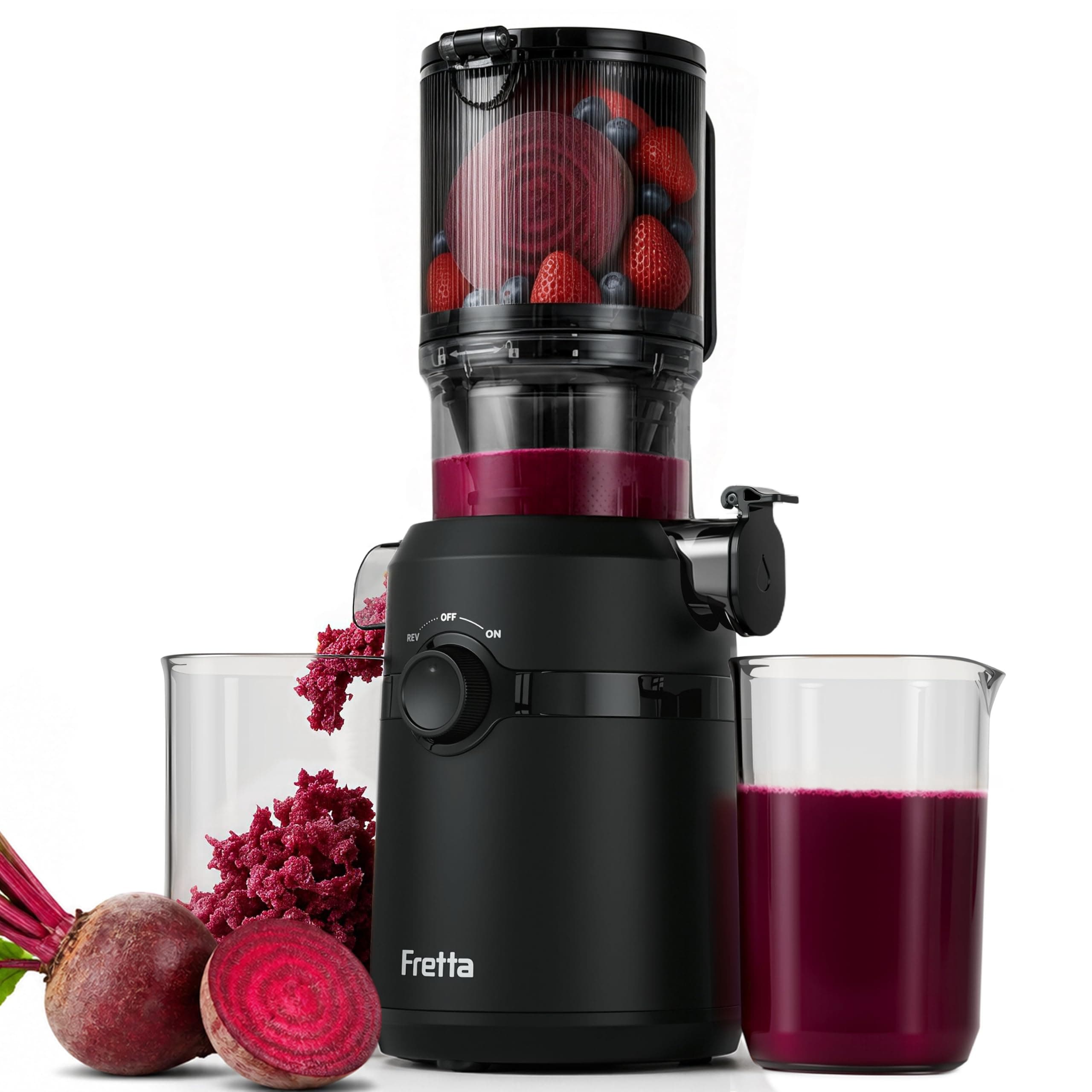 Extracteur de Jus, Fretta Extracteur de Jus de Fruits et Légumes Entiers, Grande Ouverture de 108mm Slow Juicer, 1L Capacité, Pression à Froid, Facile à Nettoyer, Sans BPA, 200W(Noir Rétro)