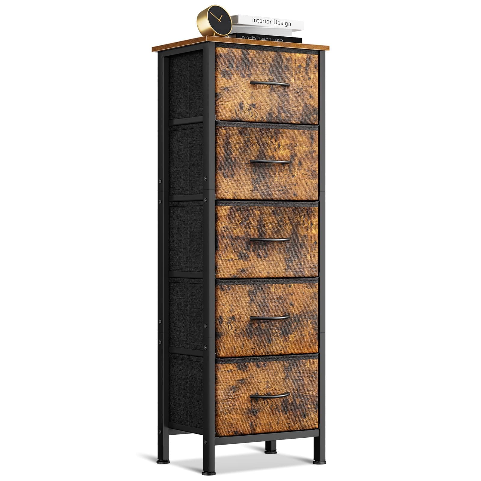 Coleshome Comoda Dormitorio, Comoda Estrecha y Alta con 5 Cajones de Tela, Estructura de Acero Resistente y Tablero de Madera, Ideal para Dormitorio y Salón, 40 x 30 x 120 cm, Vintage
