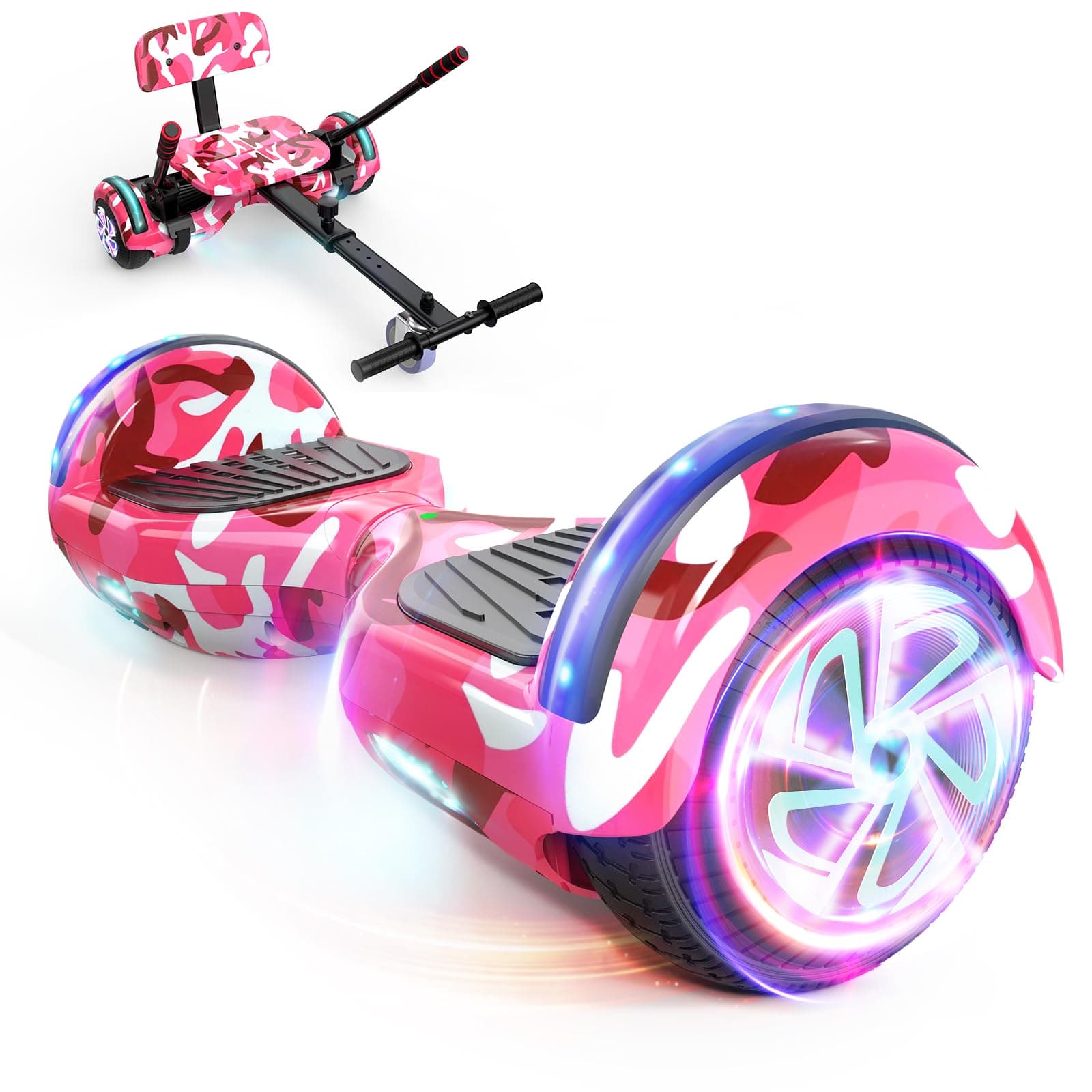 SISIGAD Hoverboard avec Kart, Go Kart 6,5 Pouces, Hoverboard Tout Terrain Auto-équilibré avec Haut-parleurs Bluetooth et Lumières LED, Cadeau pour Enfants, Rose Camouflage