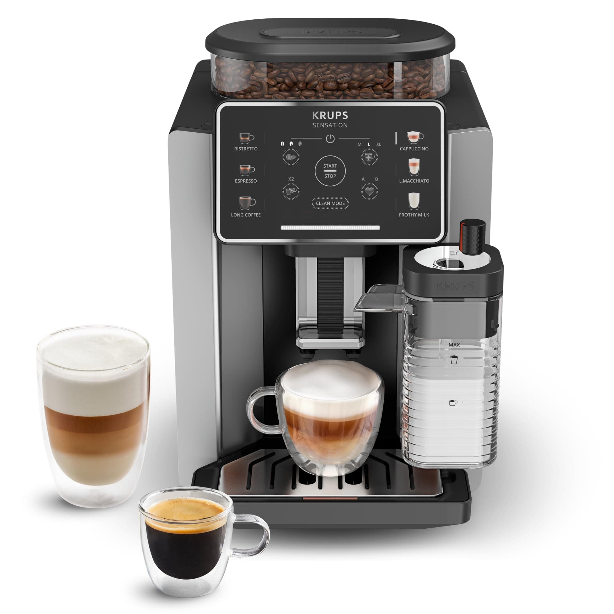 KRUPS Sensation Milk, Cafetera Superautomática, 6 Bebidas, Jarra Leche | 6 Bebidas a Base de Café y Café con Leche, Tecnología Milk Maestro, Jarra leche integrada, Fácil uso, Plateada/Negra, EA912E