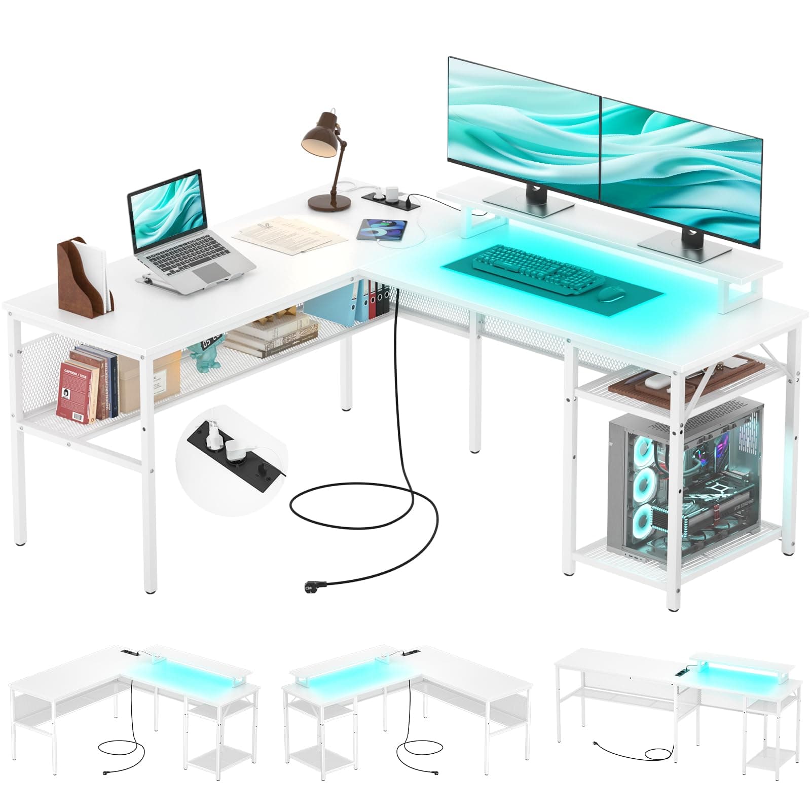 iSunirm Escritorio de Esquina Ordenador,140 x 116 x 76cm Escritorio en L con Enchufes y Puerto de Carga USB,Mesa en L con Estante para Monitor para Oficina en Casa,Blanco