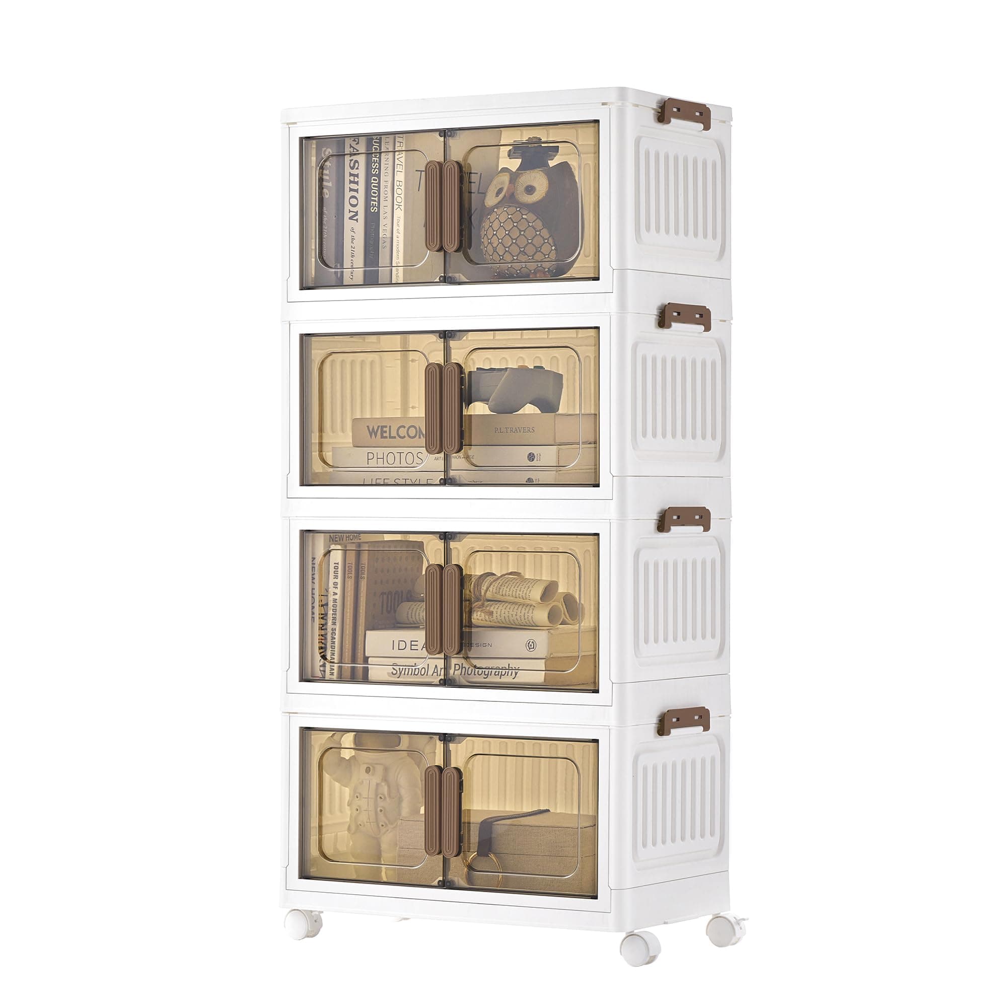 SONGMICS Scatole Portaoggetti, Organizer Pieghevole a 4 Livelli con Ruote | Cassettiera Plastica con Coperchio, Contenitori per Armadio, 45 x 26 x 91 cm, Bianco, Collezione DENNYS RLB445WZ01