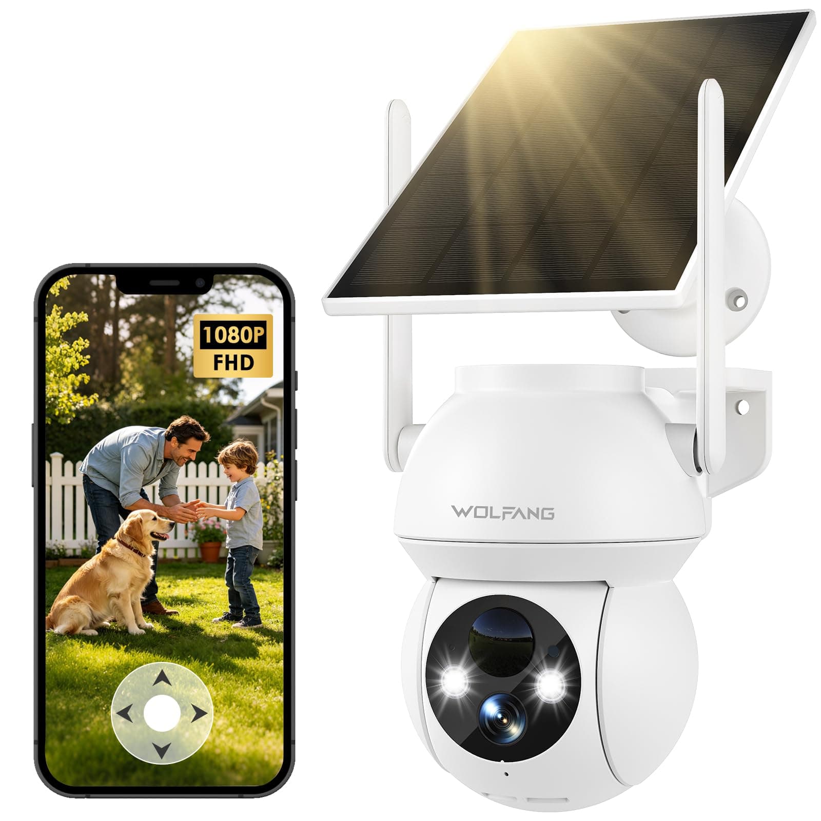 WOLFANG Caméra de sécurité Solaire d'extérieur 1080p PTZ WiFi 360° (2,4 G Uniquement), détection de Mouvement PIR, Vision Nocturne Couleur, Audio bidirectionnel, IP65, Fonctionne avec Alexa et Google