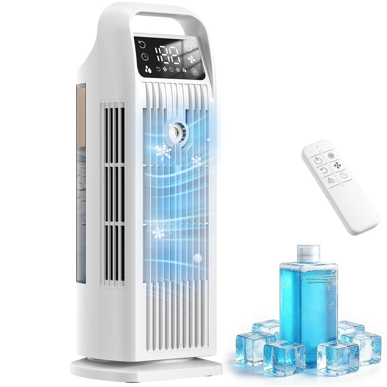 6 en 1 Climatiseur Mobile, Climatiseur Portable Silencieux avec Refroidisseur d'air 1200ml, 120°Oscillation, 1-12H Minuteries, 4 Vitesses, Touches Tactiles (Blanc frais)