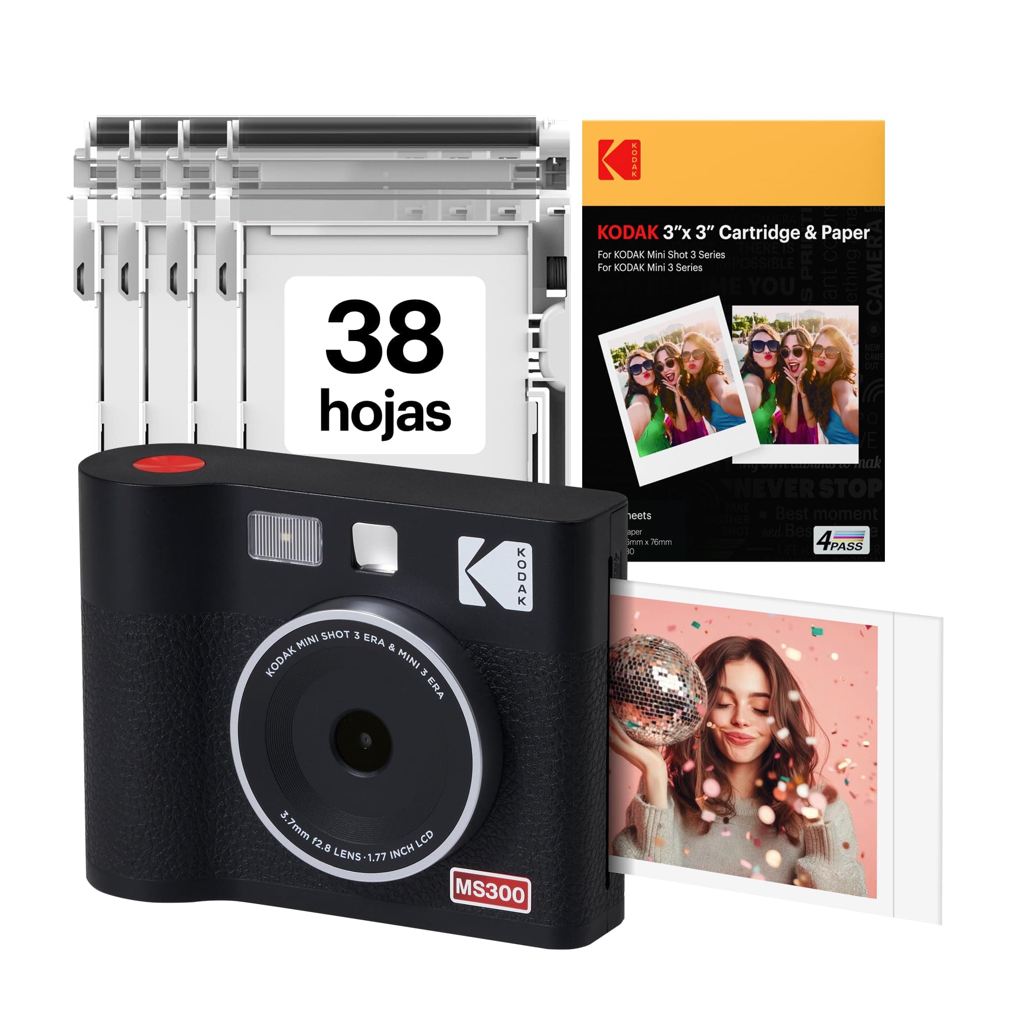 KODAK Mini Shot 3 ERA 4PASS 2-en-1 Cámara Instantánea e Impresora de Fotos (7,6x7,6cm) (Cámara + Pack con 68 Hojas (8 Hojas Iniciales + 60 Hojas), Negro)