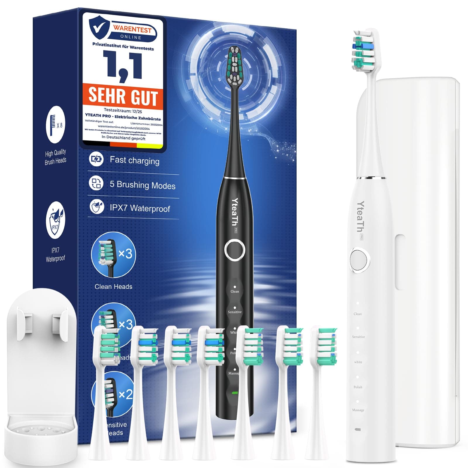 Brosse À Dent Électrique Soniques pour Blanchiment Dentaire - Brosse A Dent Sonique Adulte avec Étui de Voyage, 5 Modes, Étanche IPX7, Brosse A Dent Electrique de Voyage Rechargeable, Blanc Perle