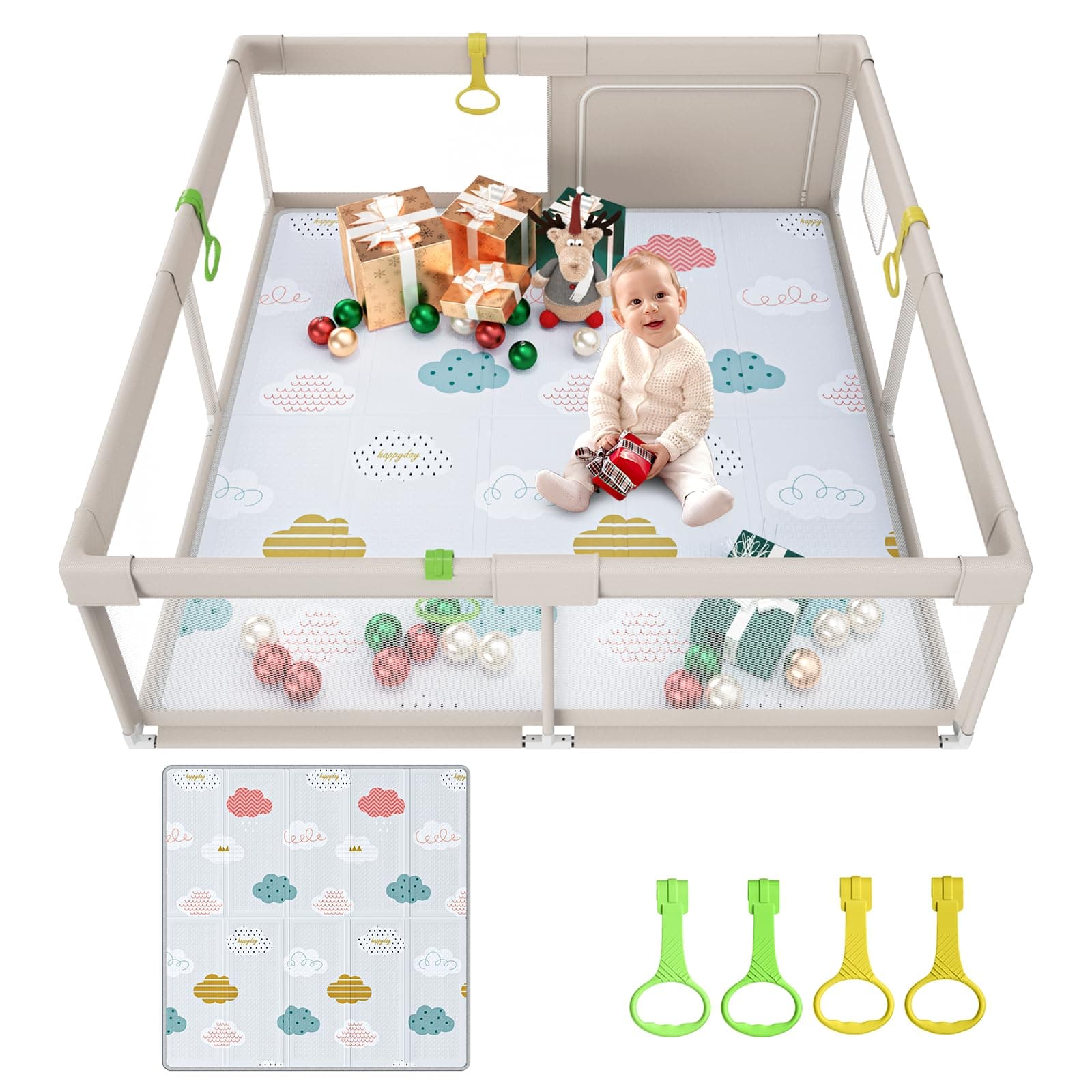 Uanlauo Parc bebe 150 x 150 cm avec tapis, grand parc pour bebe XXL avec fermeture éclair, 4 anneaux de traction, aire de jeu sécurisée pour bébé et tout-petit, intérieur et extérieur
