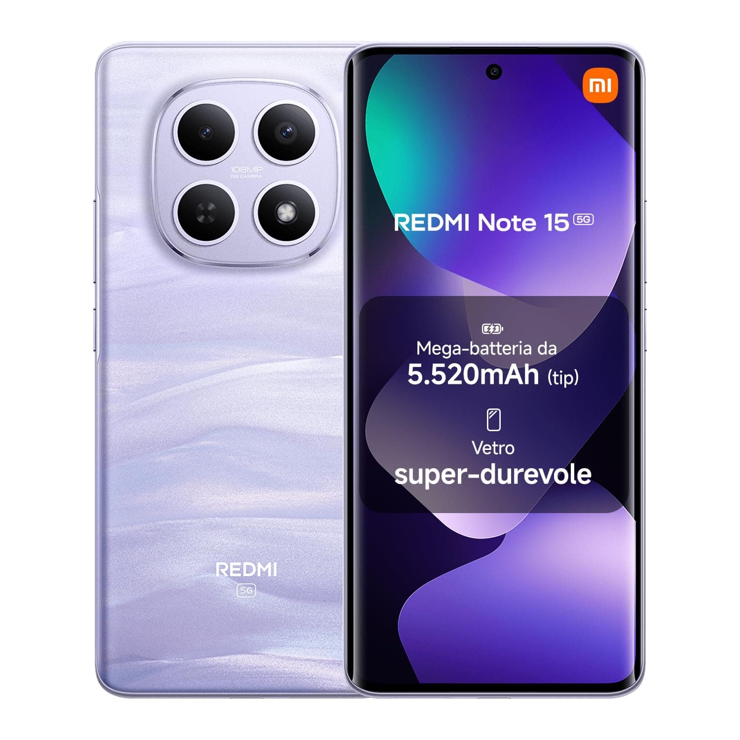 XIAOMI REDMI Note 15 5G, Smartphone 8+512GB, Design ultrasottile, Resistenza IP65, Fotocamera super nitida da 108 MP, Display FHD+ da 6,77", Viola Nebbia, Garanzia 2 anni, Caricatore non incluso