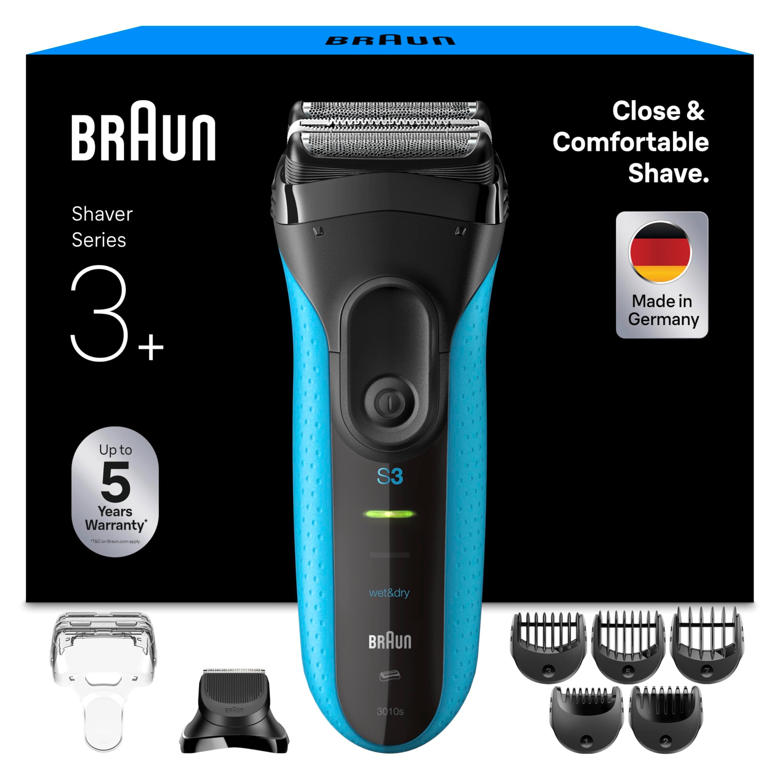Braun Series 3+ Rasierer Herren Elektrisch, Elektrorasierer mit 3 Flexiblen Klingen, Rasierapparat Made in Germany, Barttrimmer-Aufsatz, +5 Kammaufsätze, Nass- & Trockenrasierer, 3010BT, Blau