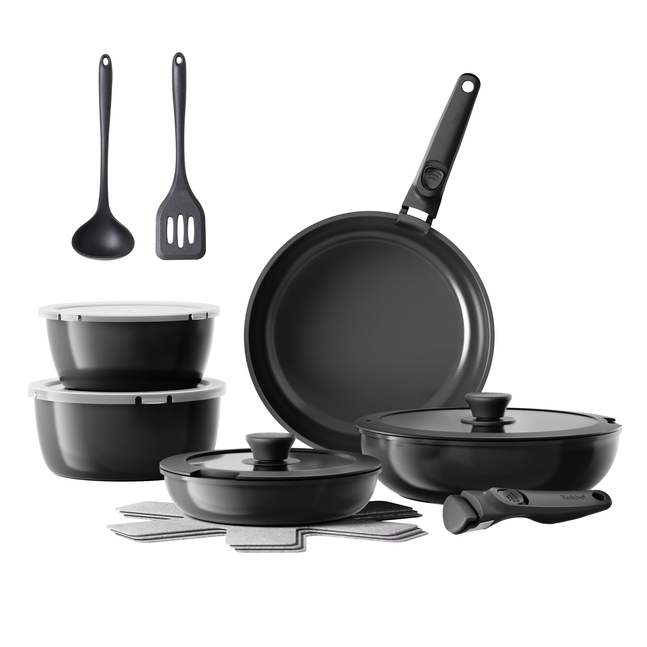 Redchef Juego de sartenes de 16 piezas con asas extraíbles, juego de utensilios de cocina de cerámica antiadherente, sartén de 20 + 26 cm, sartén profunda de 26 cm, olla de 18 + 20 cm, apilable para