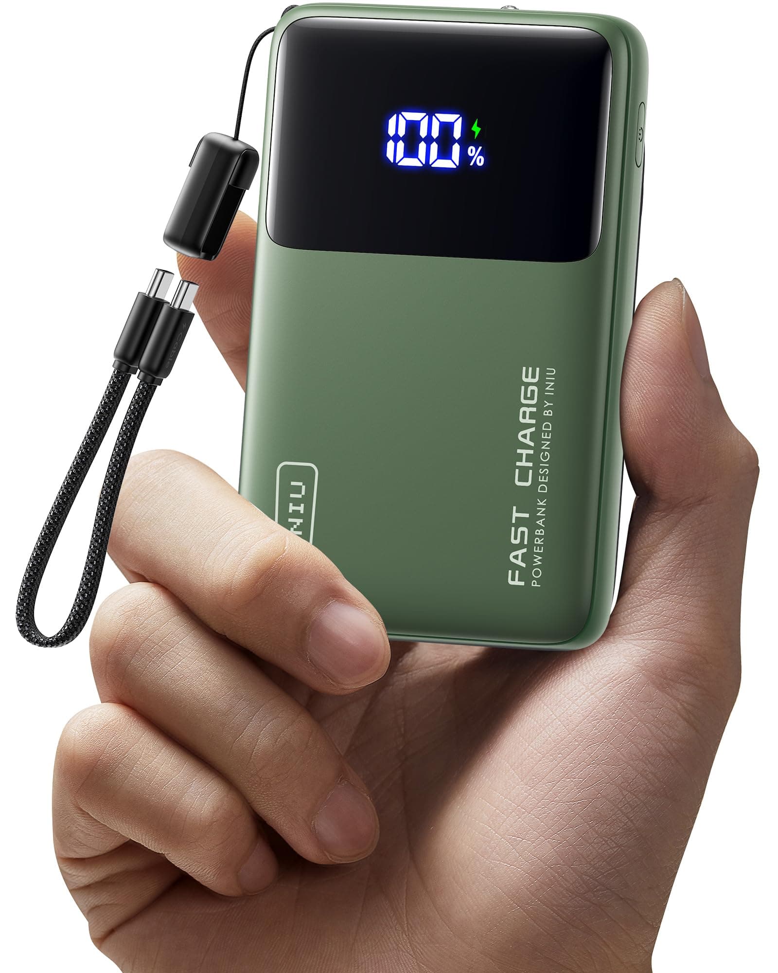 INIU Batterie Externe, Mini 10000mAh 45W Charge Rapide Power Bank avec Câble USB C Amovible, Essentiels de Voyage, Autorisé en Avion, Batterie Portable pour iPhone 17 16 Samsung S25 Xiaomi, Vert