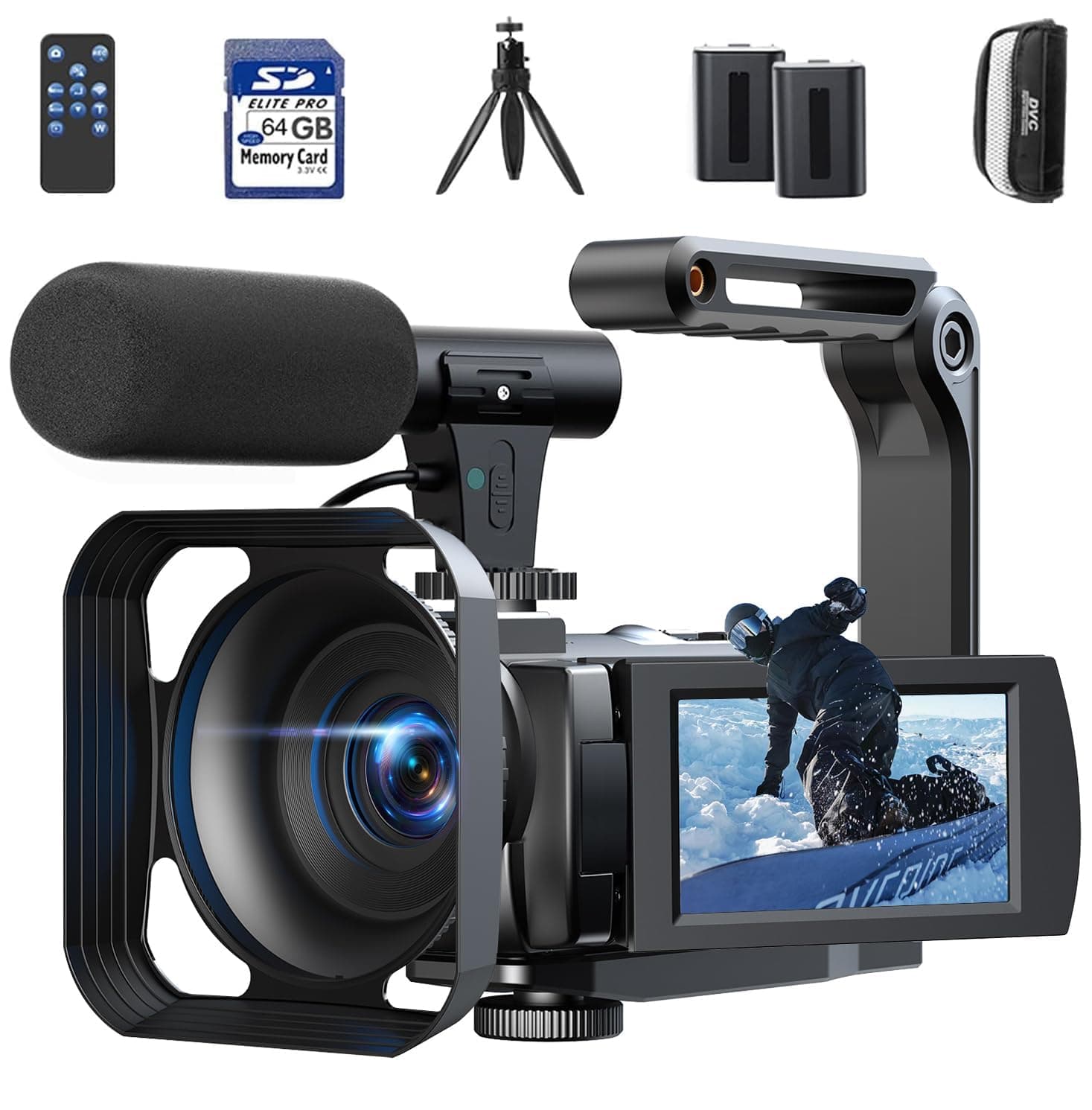 Videocámara 5K 56MP Cámara Vlog para YouTube, WiFi, Visión Nocturna IR, Zoom Digital 16X, Pantalla Táctil 3", Cámara web, Micrófono Externo, 2 Baterías, Tarjeta 64GB, Mando a Distancia, Trípode