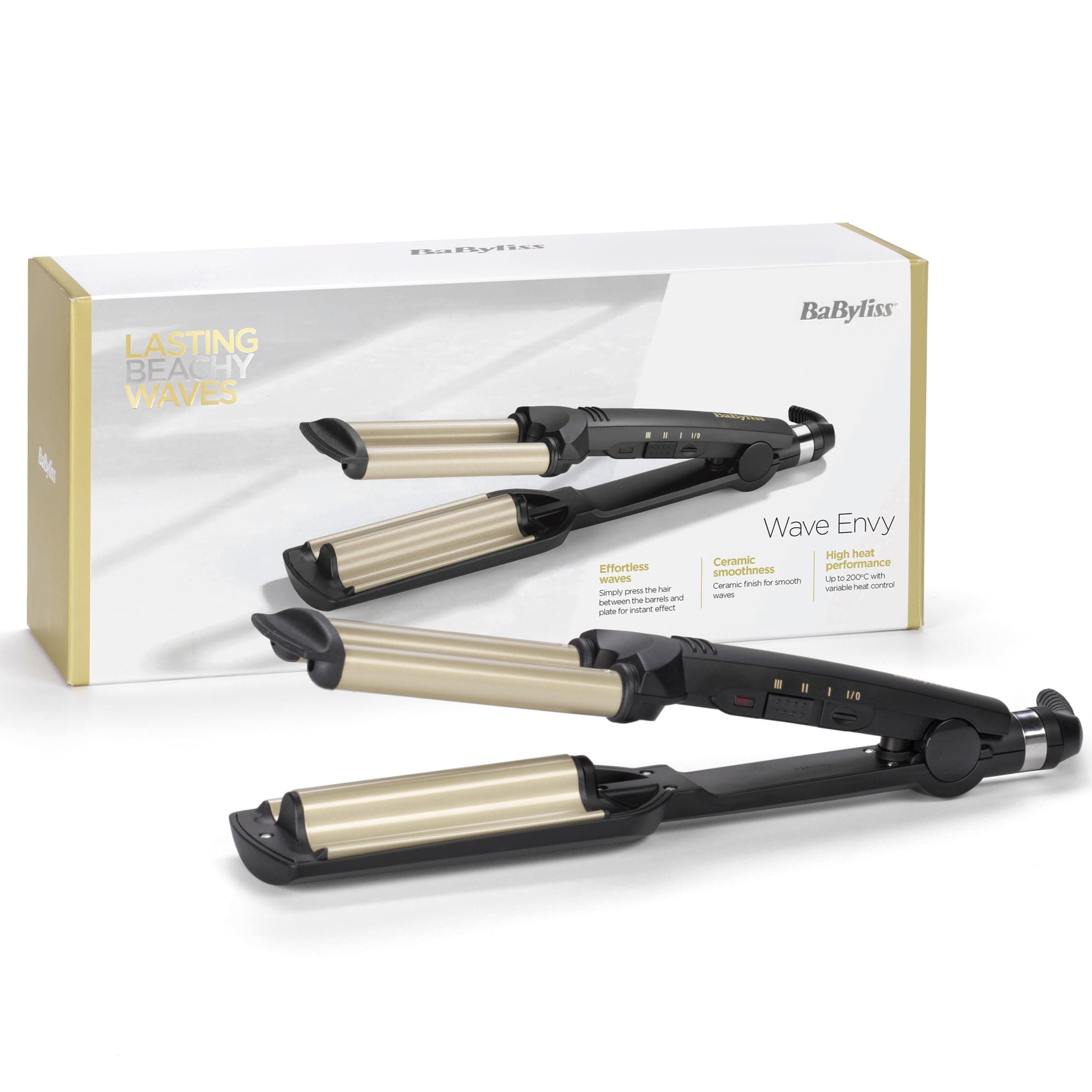 BaByliss Triferro Easy Waves, Beach Waves, Ceramic Titanium, 3 Temperature, Punta termo-resistente, Oro e Nero, C260E