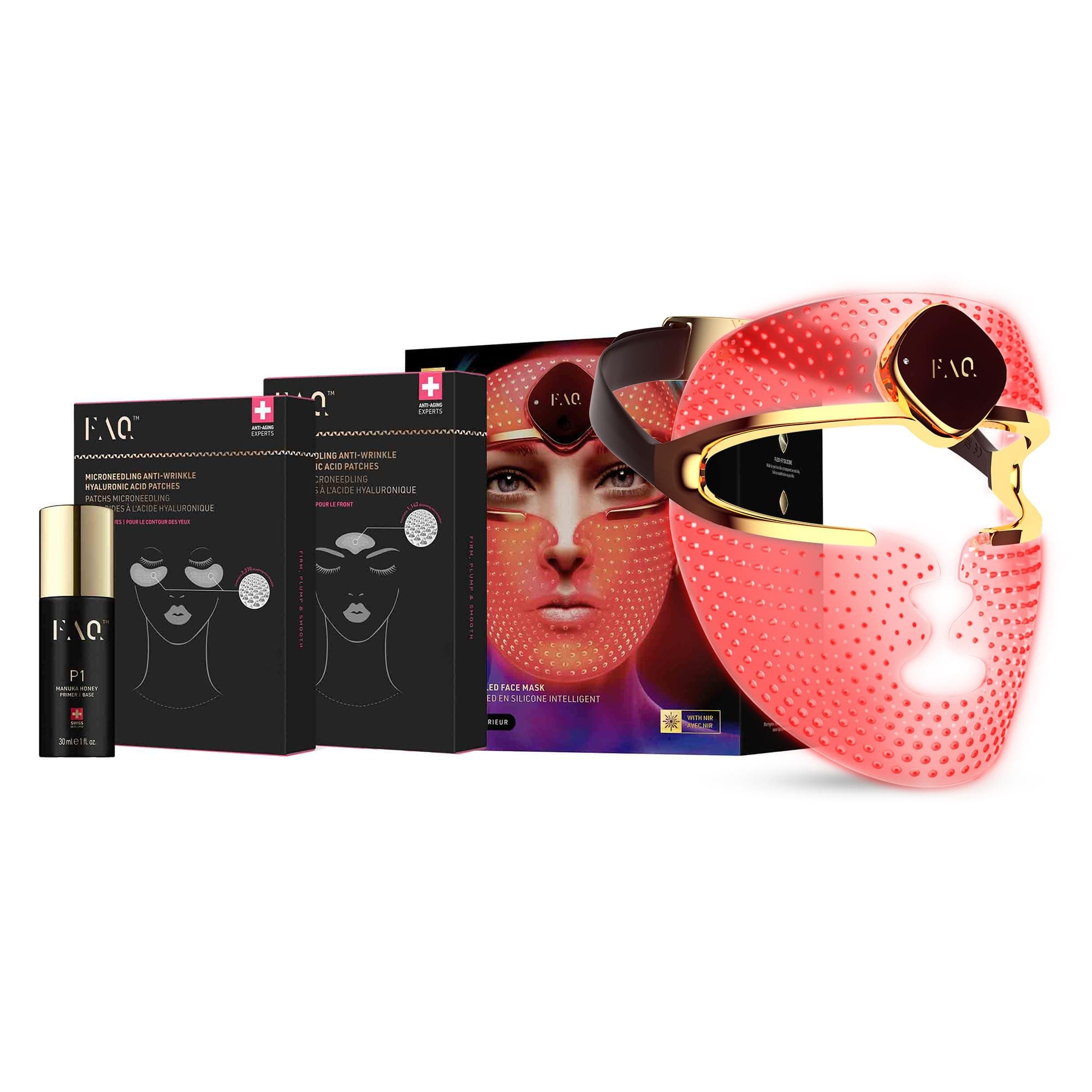 FAQ 202 mascarilla LED + sérum de luz roja + pack de parches de microagujas | Mascarilla LED, 8 colores, Luz roja, Infrarrojo cercano, Parches de microagujas, Ácido hialurónico, Parches para la frente