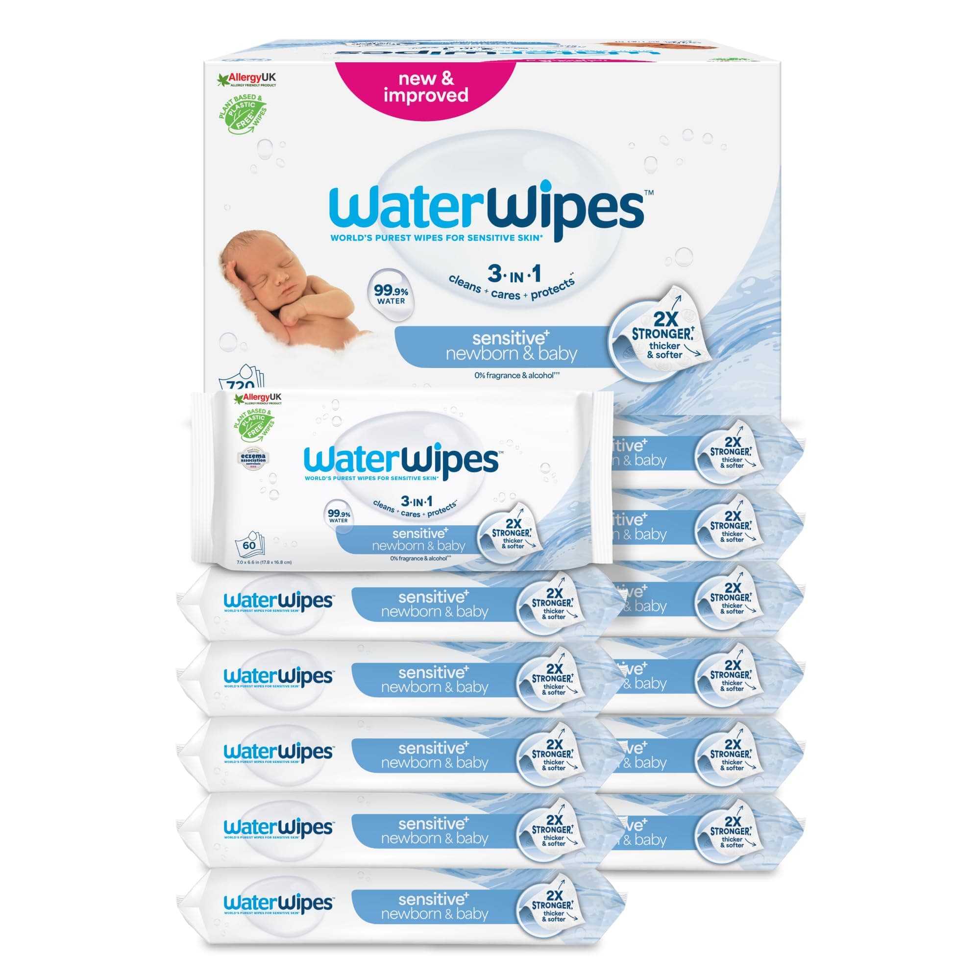 WaterWipes Sensitive+ Newborn & Baby Wipes, 12 Paquets | 720 lingettes 3 en 1 qui nettoient, protègent et prennent soin de la peau; 99,9 % d’eau, sans parfum ni alcool