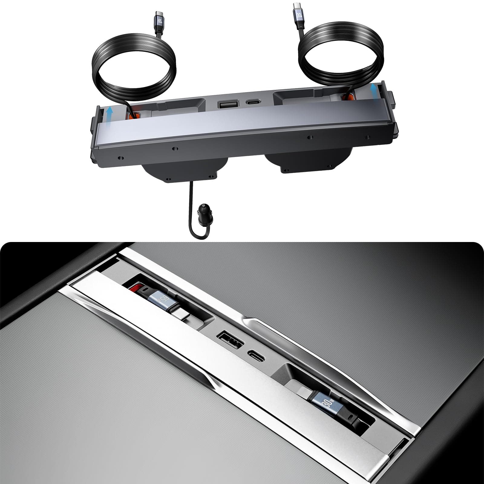YONZEE Chargeur de téléphone USB 4 en 1 pour Tesla Model Y Juniper 2026 2025 et Model 3 Highland 2024-2026, Charge Rapide 65 W, Station d'accueil pour Console Centrale avec 2 câbles rétractables de 1