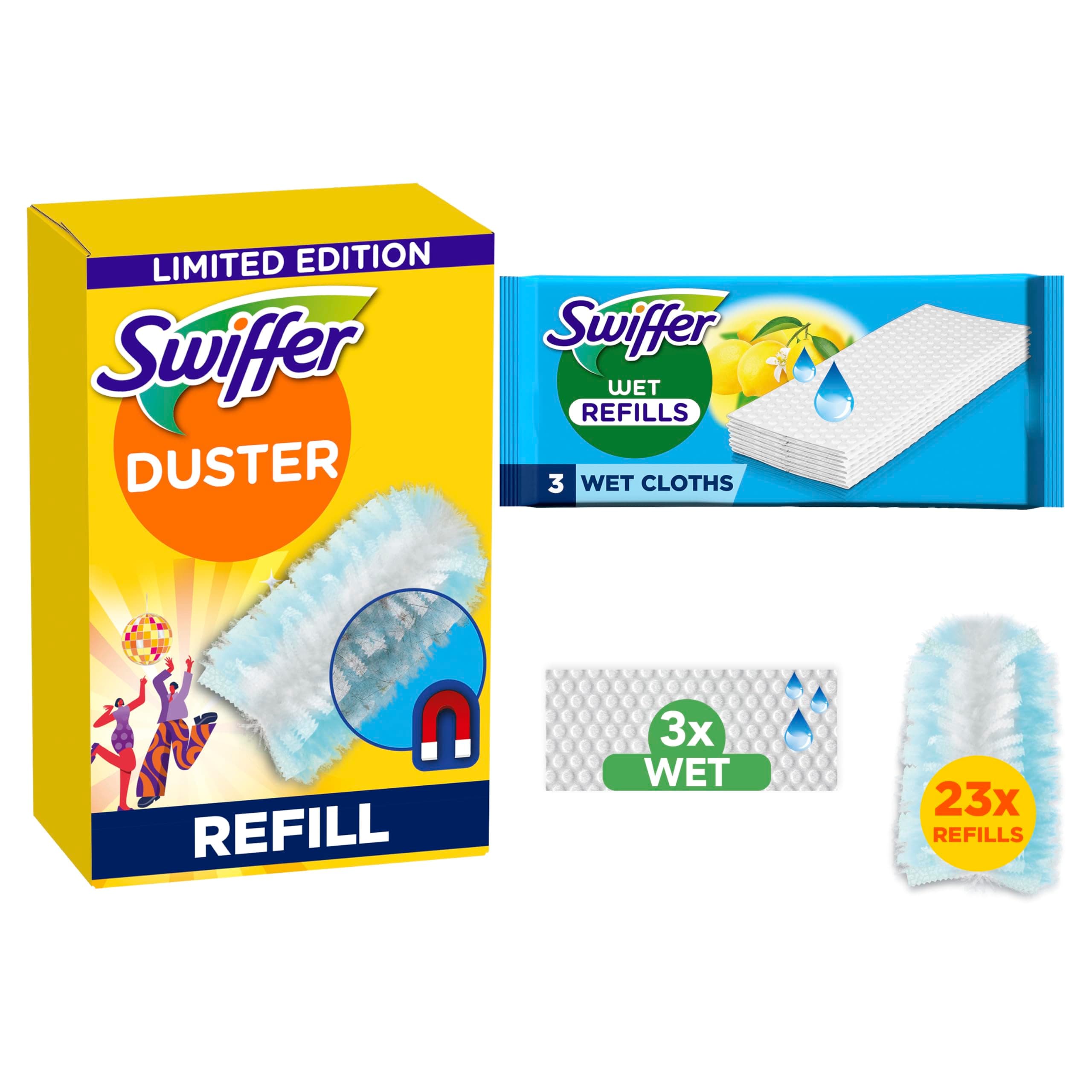 Swiffer Duster Piumini Cattura Polvere, 23 Piumini e 3 Panni Lavapavimenti, Cattura e Intrappola Polvere e Sporco, Raggiunge I Punti più Difficili della Casa, Maxi Formato