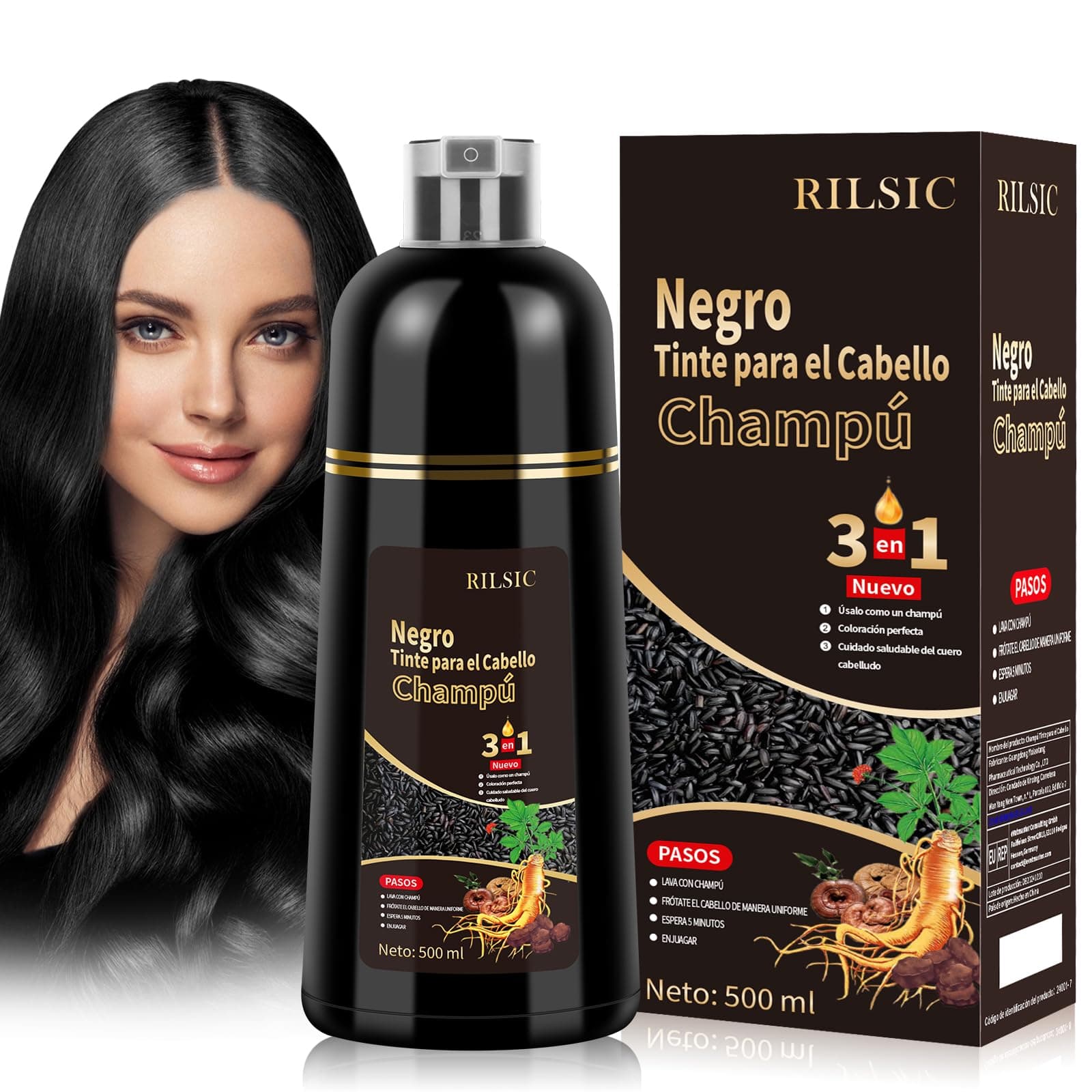 Black Hair Dye Shampoo 3 en 1,Shampoo Tinte Negro para Cabello, Champú para Cabello Instantáneo Champu Colorante Tinte para Hombre y Mujer(500ml Negro)