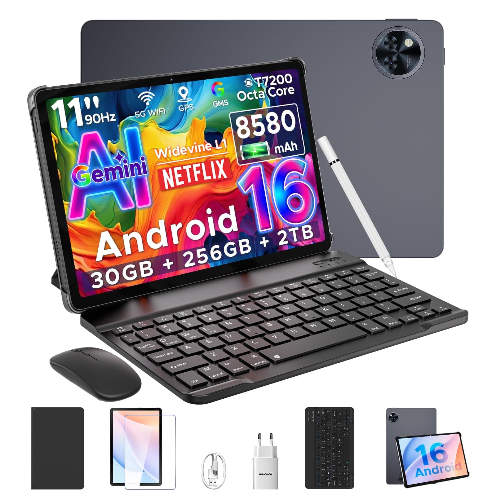 POPUX U11 Pro Tablet Android 16, 30GB RAM+256GB ROM+2TB TF, Batería 8580mAh Tablet con Teclado, Tablet 11 Pulgadas 90Hz HD IPS Tablets, Widevine L1, Gemini AI, Cámara 13MP+5MP/5G WiFi/3.5mm Audio/GPS