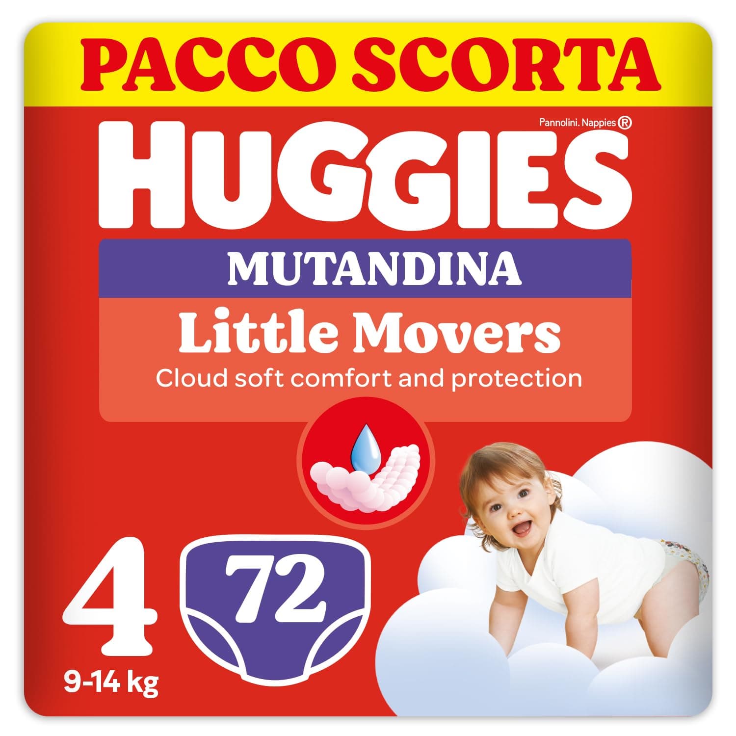 Huggies Little Movers Pannolini Mutandina Taglia 4 (9-14 Kg), Ultra assorbente, Protezione completa, Pacco Scorta, 72 Pz