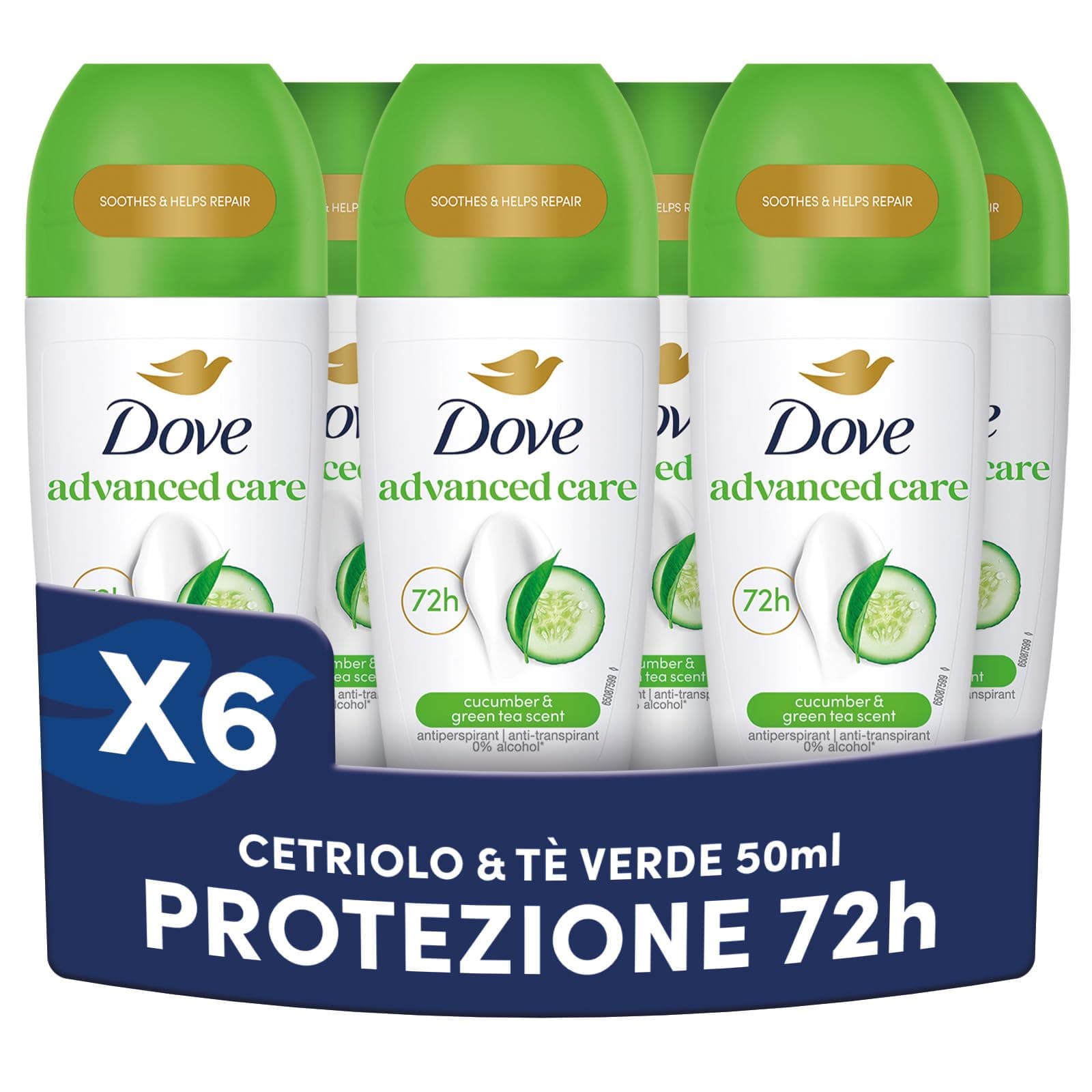 Dove, Deodorante Roll On Advanced Care Cetriolo e Tè Verde, Antitraspirante, Formula Delicata Con Tripla Azione Idratante, Protezione Fino a 48 Ore, Deodorante Uomo e Donna, 6 Pezzi da 50ml