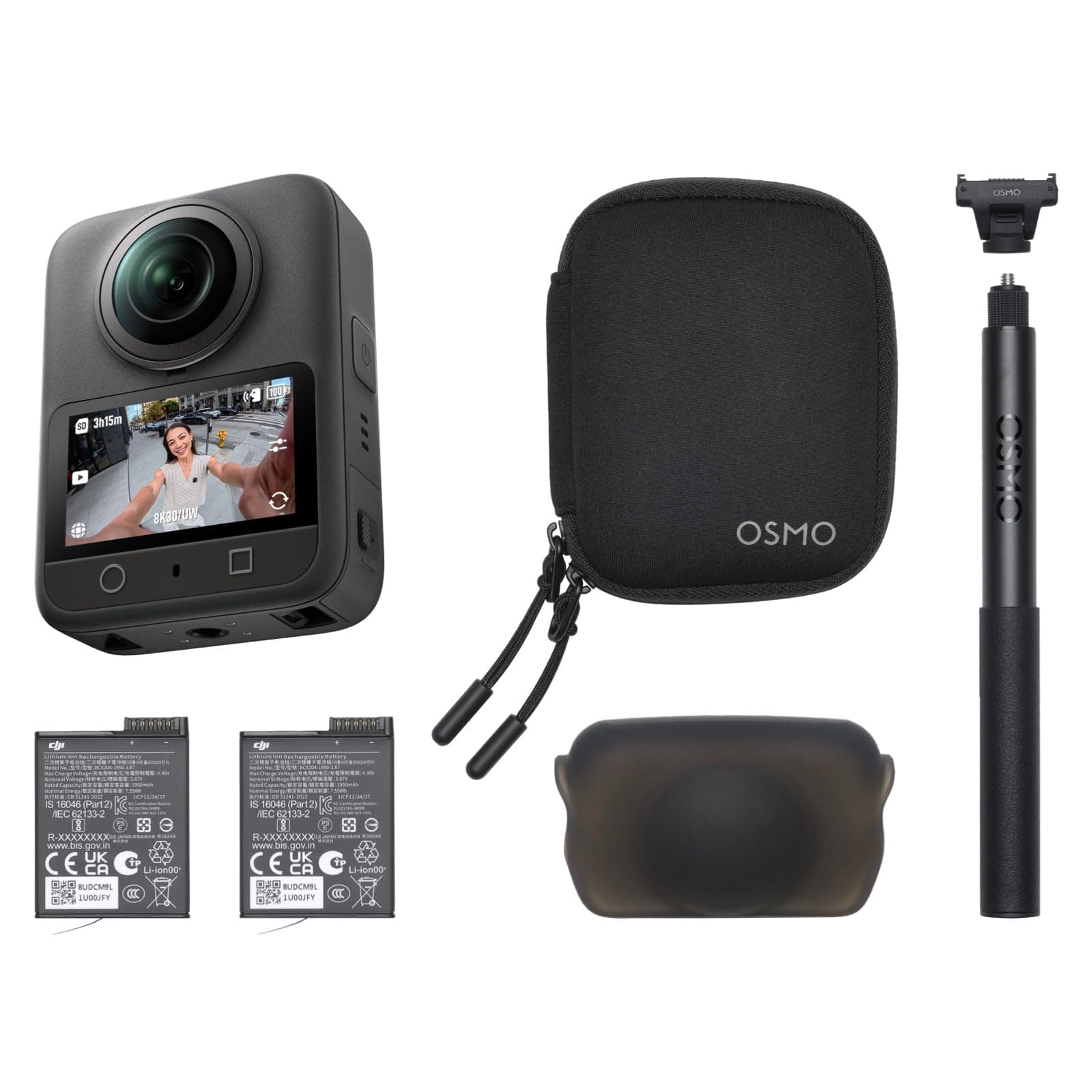 DJI Osmo 360 Essential Combo, 360 Kamera mit 1-Zoll 360° Aufnahmen, Natives 8K 360° Video, 1,2 m unsichtbarer Selfie-Stick-Kit, verlängerte Akkulaufzeit mit 2 Akkus
