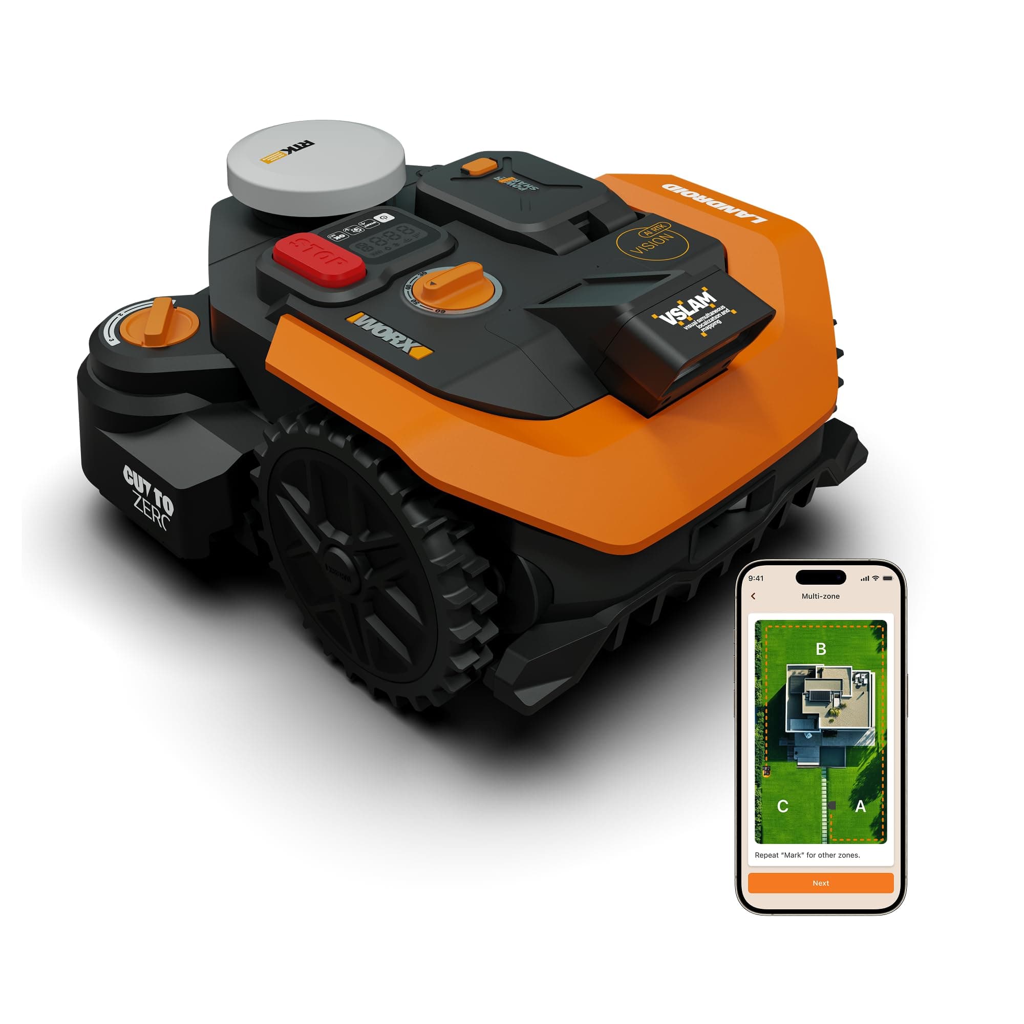 WORX Landroid Vision Cloud WR308E 2WD Mähroboter ohne Begrenzungskabel für 800 m² (KI-Hinderniserkennung, VSLAM+ RTK Cloud Navigation, Auto-Mapping, App-Steuerung, Cut-to-Zero)