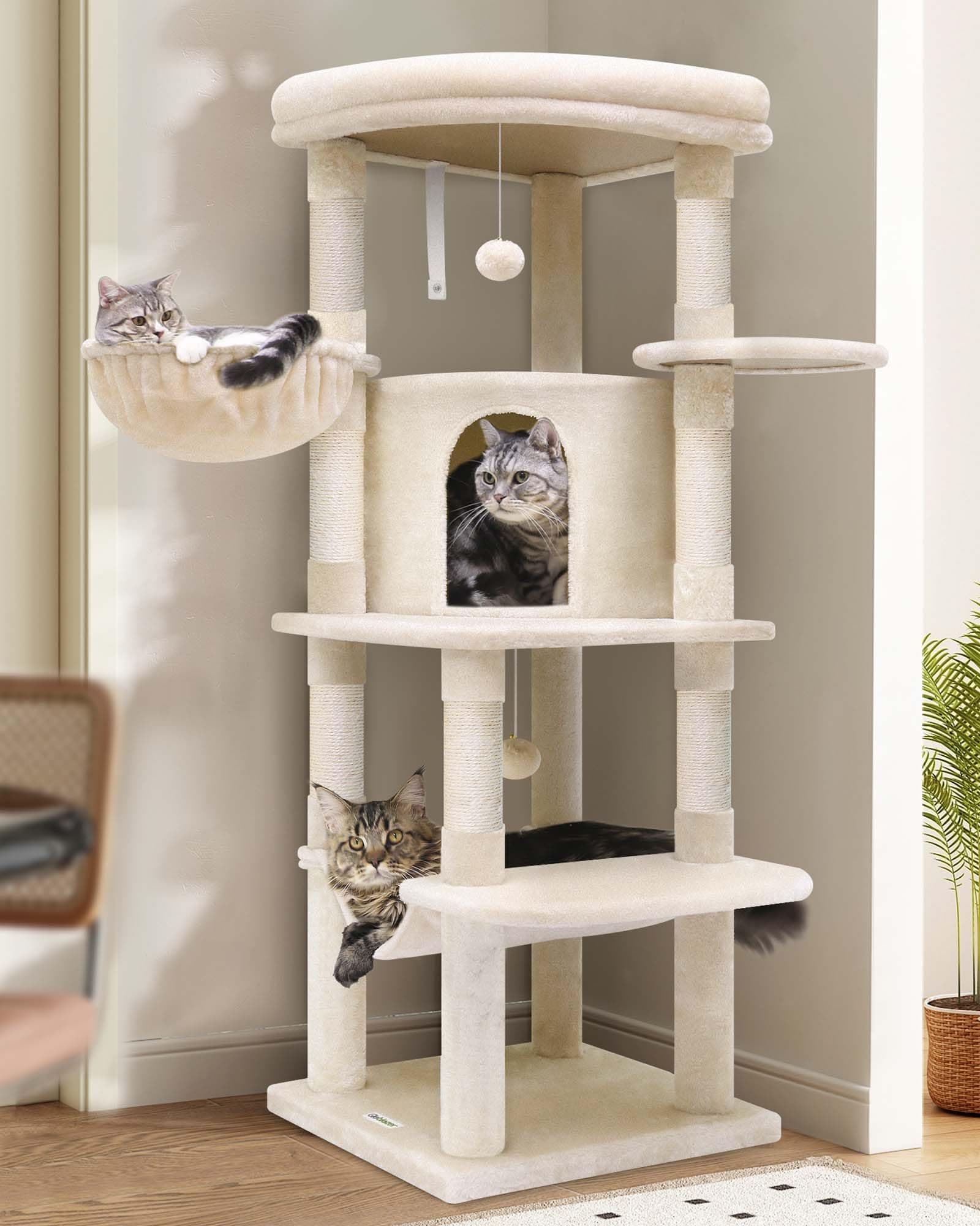 Globlazer Arbre a Chat avec Grandes Plateforme en éventail Niches Doux Hamac Panier, Arbres à Chat Hauteur 130 cm Solide 90° Serré Coin pour 3-4 Gros Chats Repos Jeu (C51, Beige)
