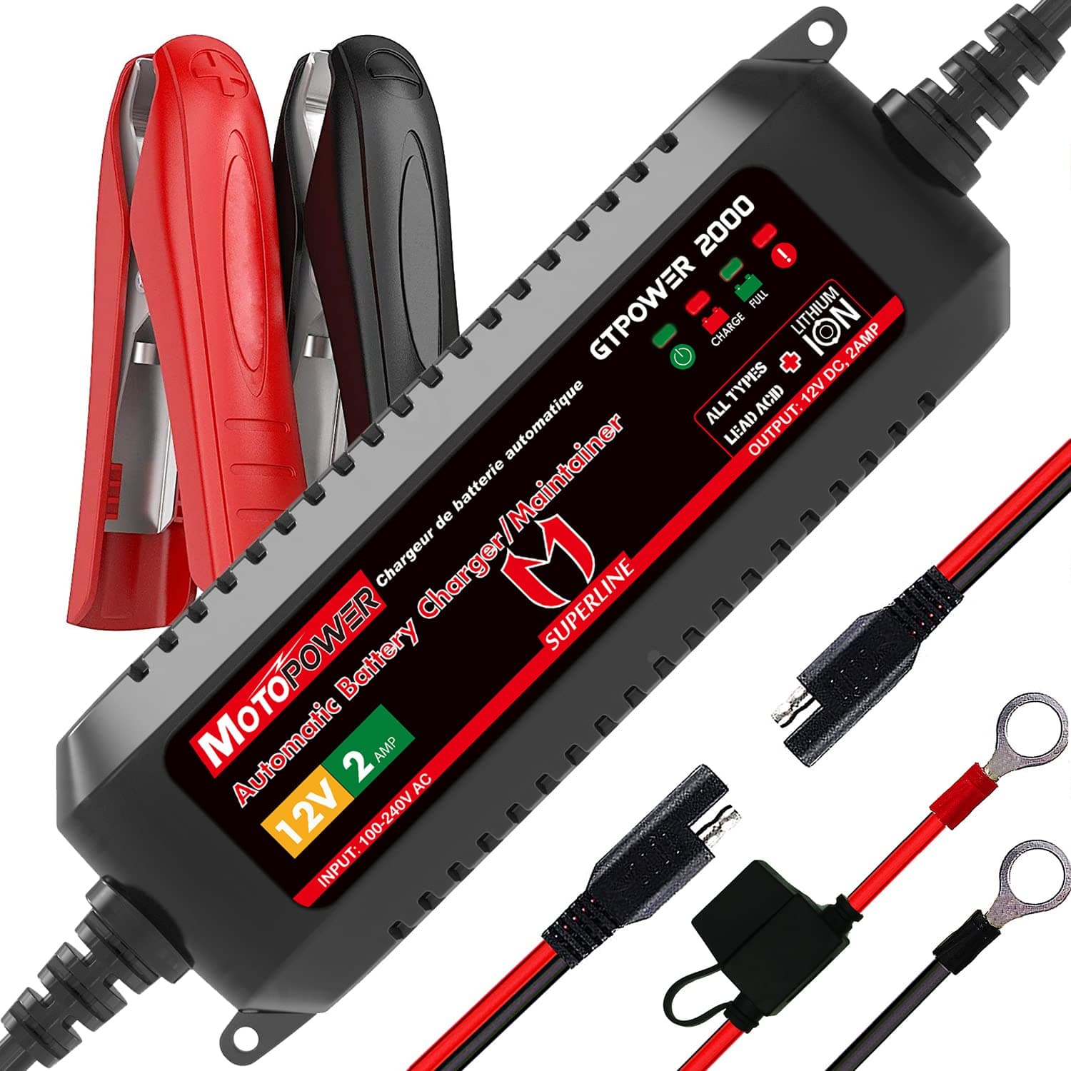MOTOPOWER MP00207A Caricabatteria automatico da 12V 2Amp Smart per batterie al piombo e agli ioni di litio